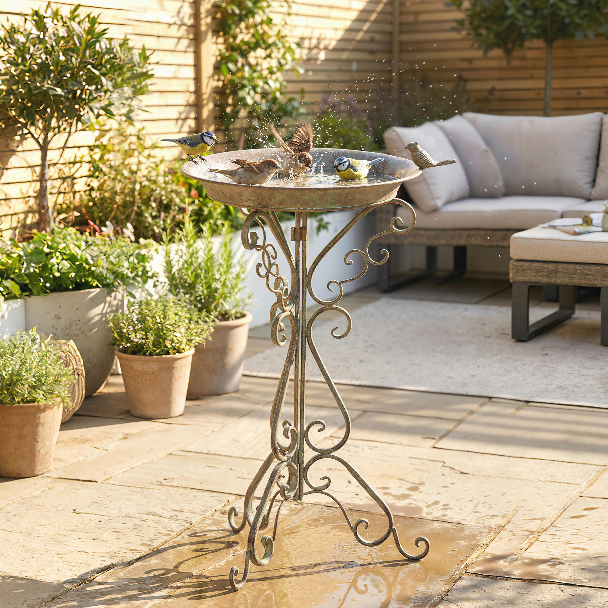 Vogelbad mit Vogelstatue und dekorativem Standfuß, Vintage Garten Vogelbad Schale Sockel, Grün