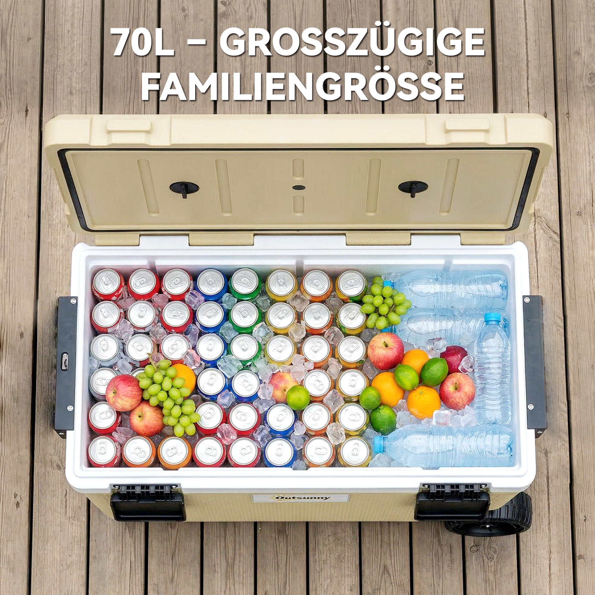 Kühlbox 70L Große Passive Thermobox bis zu 72 Std. Kühlung, mit PU-Vollschaumisolierung Rädern Ablassventil Griff
