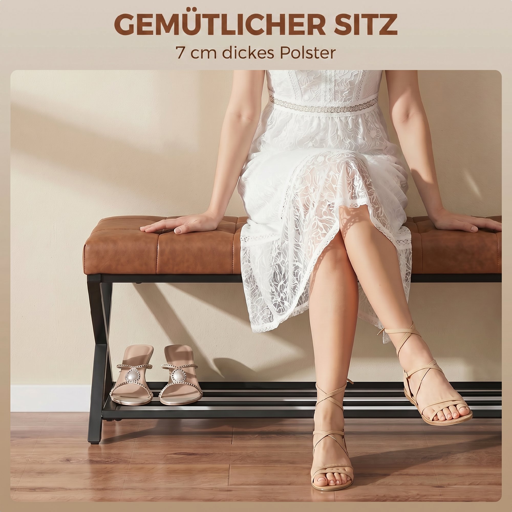 Schuhbank, Eingangsbank mit Kunstlederpolster, Ablage bis 220 kg für Flur, Eingangsbereich, 112 x 37 x 47 cm, Braun