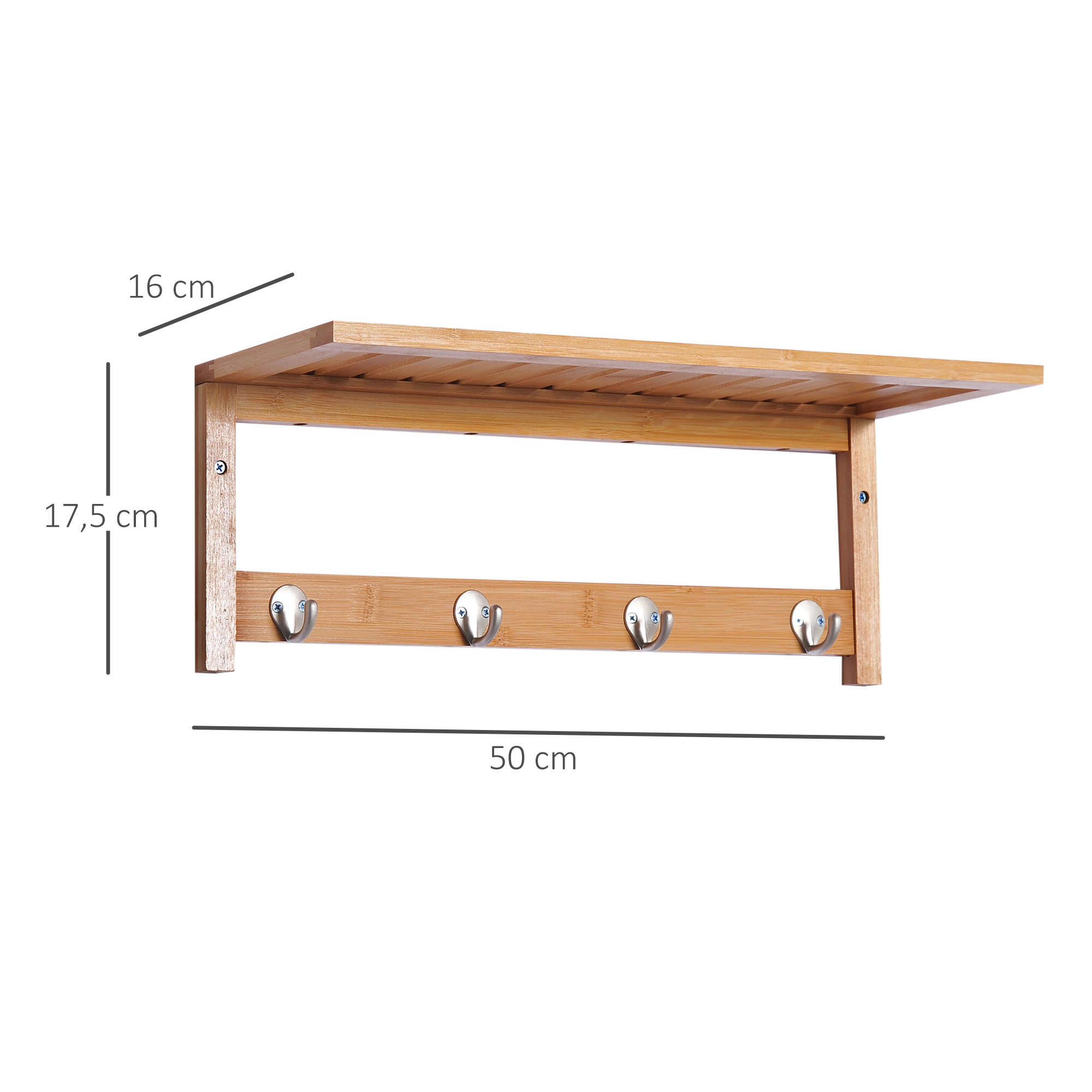 Wandgarderobe Garderobe mit Haken Wandmontage platzsparend 5 kg belastbar, 50 x 16 x 17,5 cm Naturholz