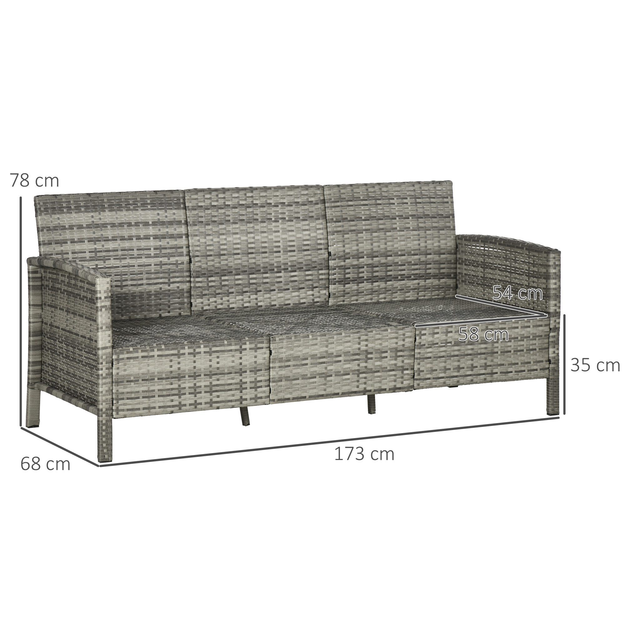 Rattan Sofa mit Kissen, Dreisitzer, Garten Loungesofa, Stahl, Grau, 173 x 68 x 78 cm