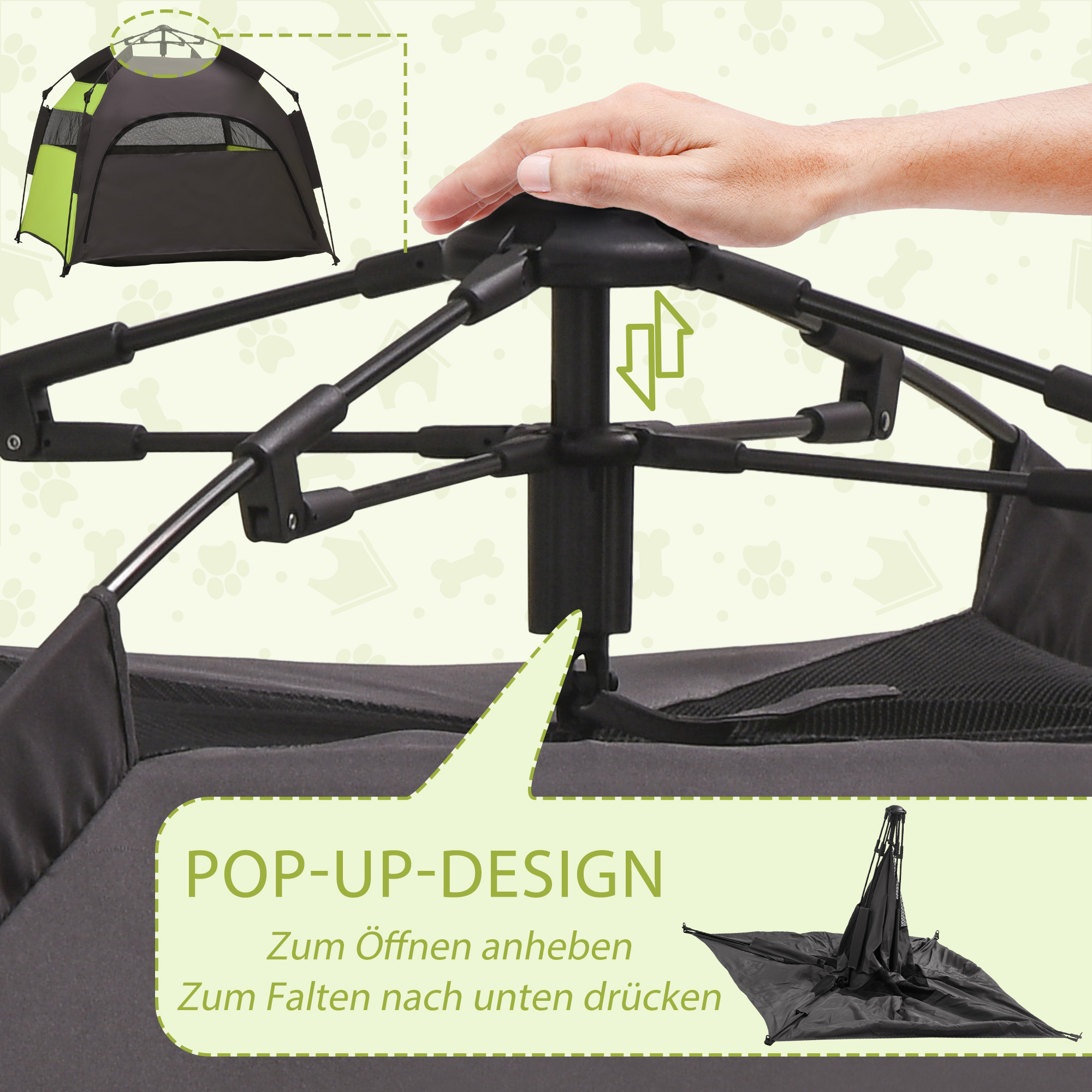 Haustierzelt Hundezelt Outdoor Tierzelt, 110 cm x 110 cm x 85 cm, Bodenspieße +  Transporttasche, Grün + Schwarz