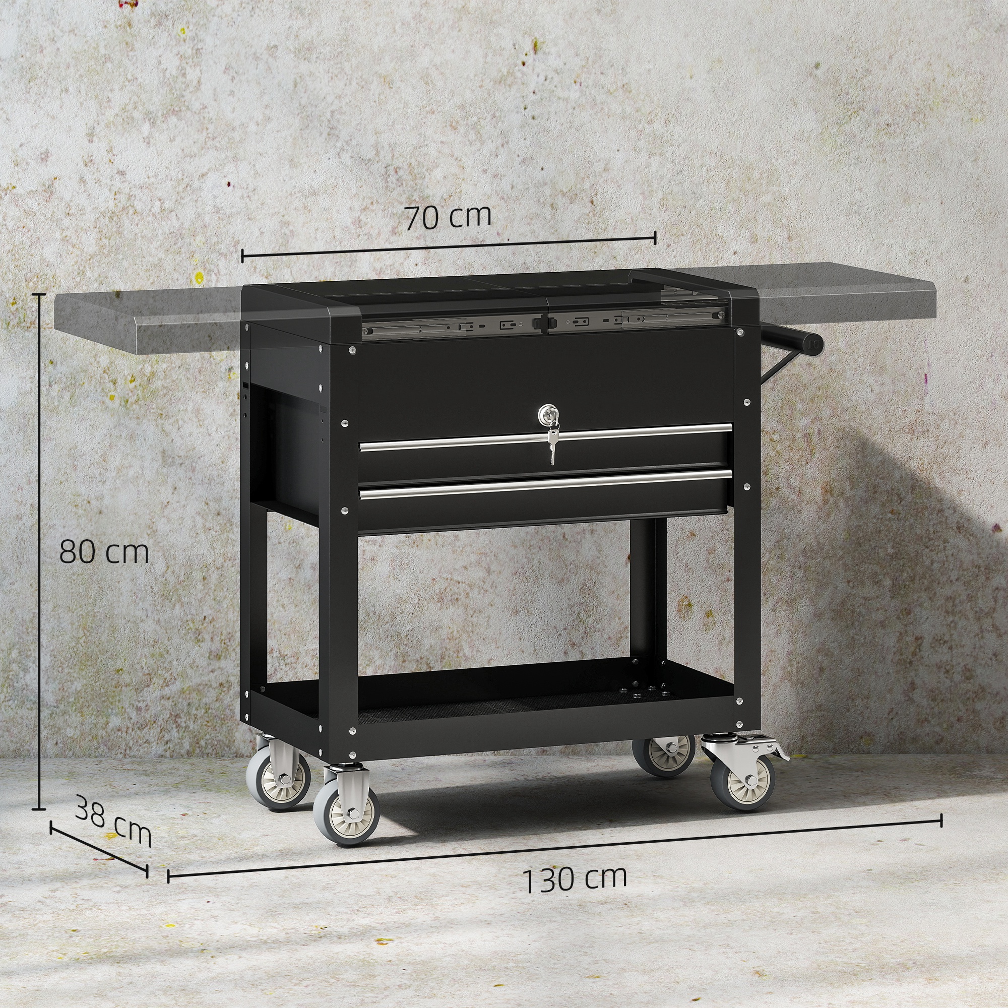 Rollender Werkzeugschrank, Werkzeugkasten mit Schubladen, Arbeitsfläche, verschließbar, mit Griff, Stahl, Schwarz