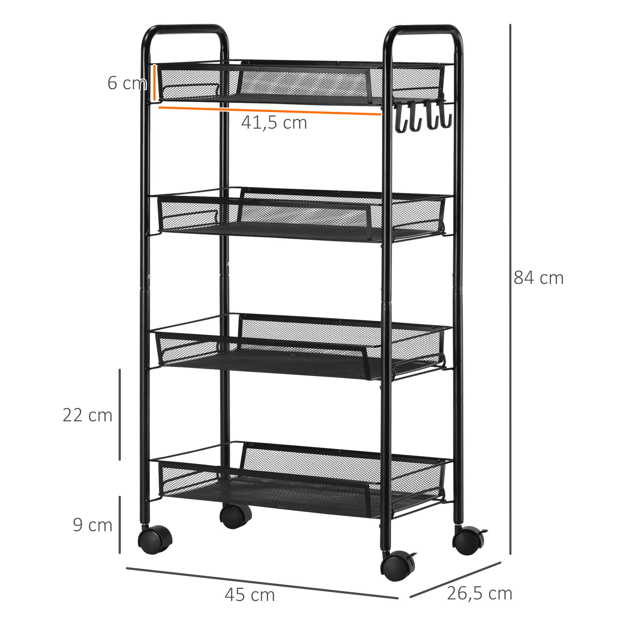 Rollwagen mit 4 Hängekörben, Servierwagen auf Rollen, fahrbar, abnehmbare Haken, Stahl, 45 x 26,5 x 84 cm, Schwarz