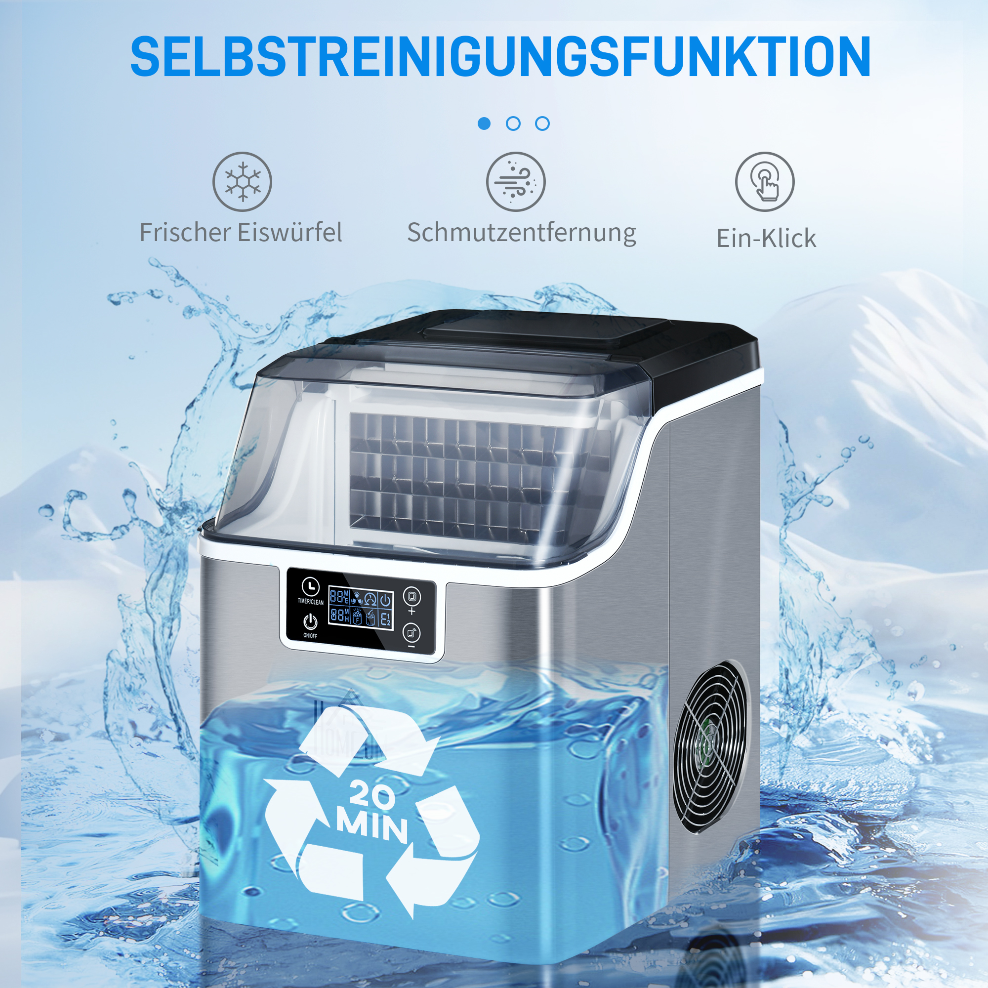 Eiswürfelmaschine Eiswürfelspender Ice-Maker 20kg/24h 2,3L Eiswürfelbereiter mit 3,2 L Wassertank, Silber