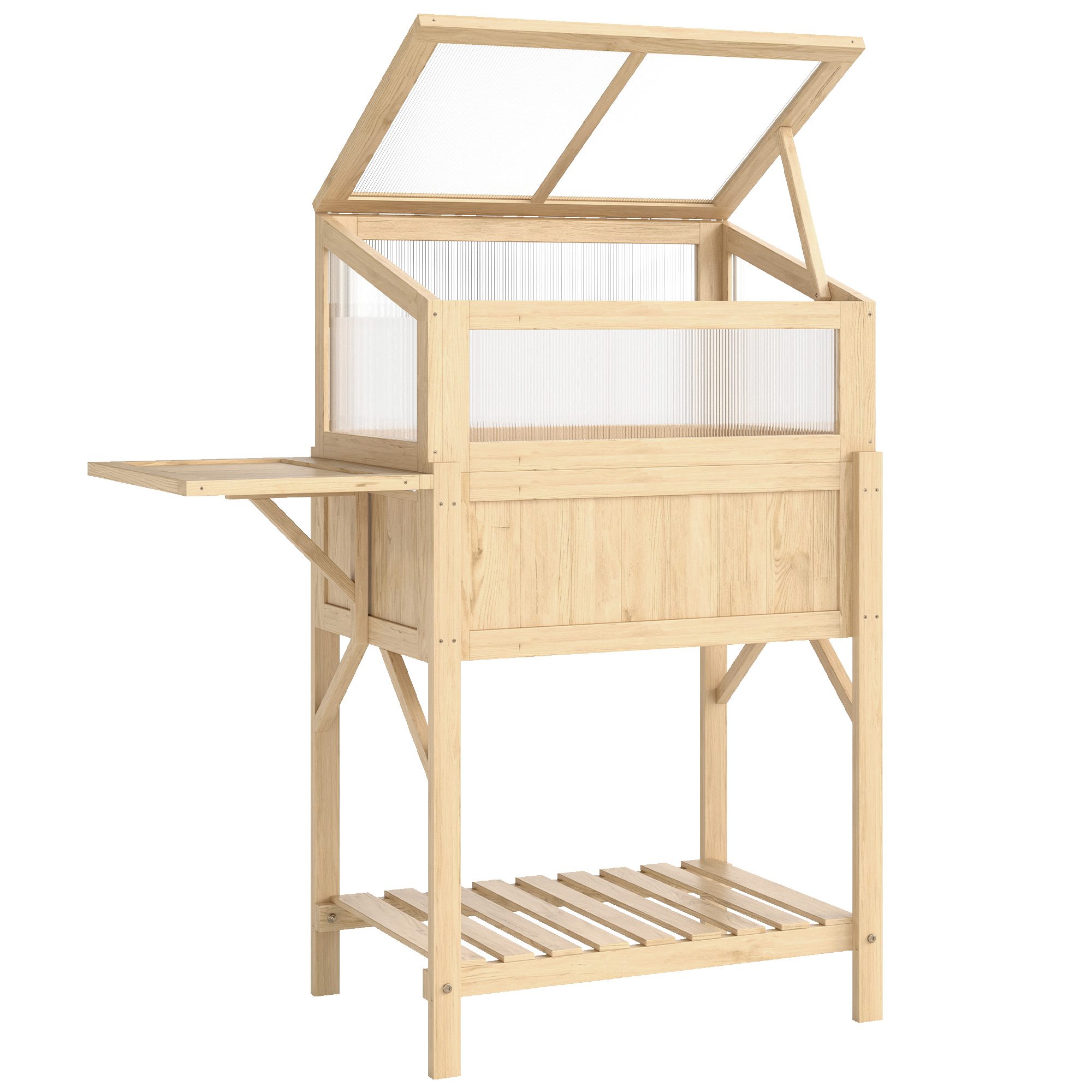 Hochbeet mit Frühbeetaufsatz aus Holz Pflanzkasten mit Gewächshaus klappbar Seitentisch Ablagefach Naturholz