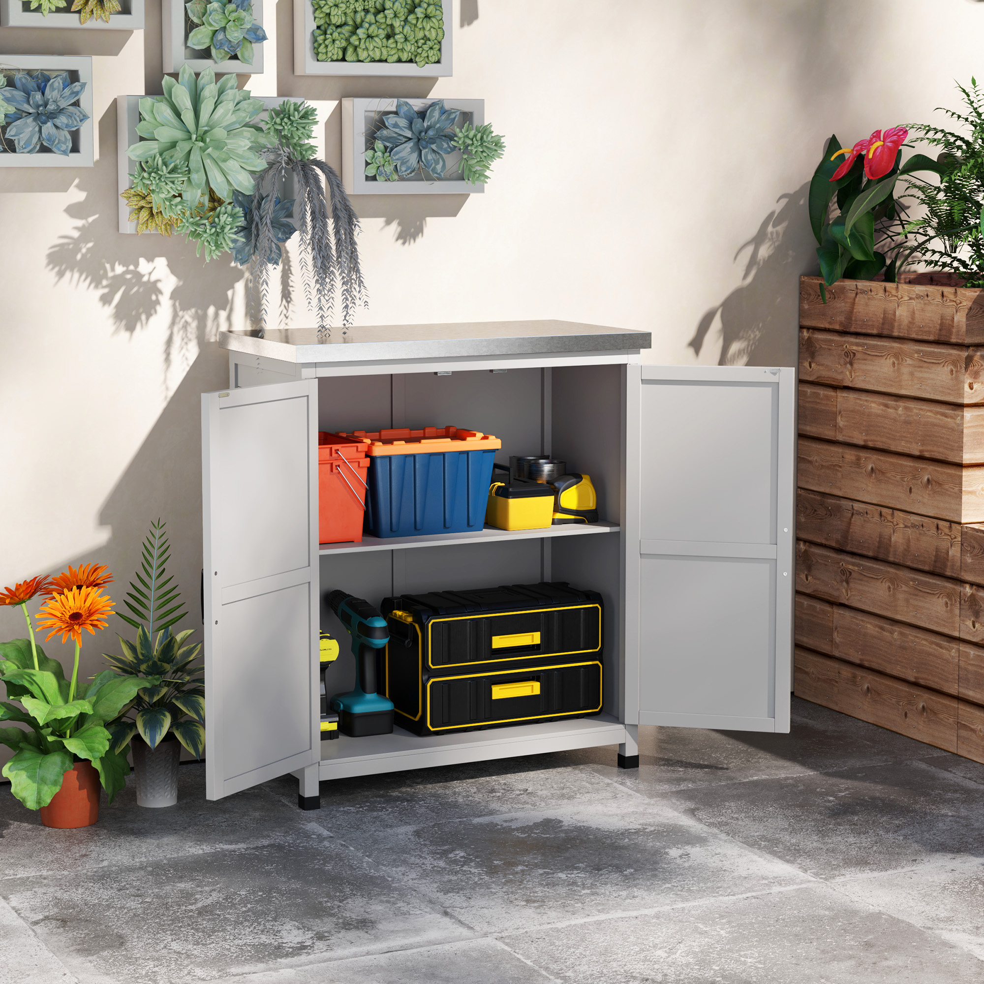 Gartenschrank, Außenschrank mit Arbeitsfläche, Werkzeugschrank, Massivholz, Stahl, 79B x 43T x 92H cm, Grau