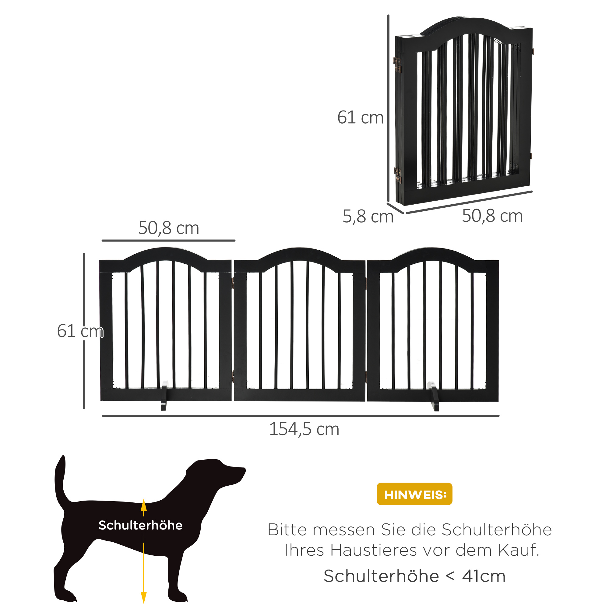 Absperrgitter Hund 3-teilig, 154,5 x 61 cm Faltbar Hundegitter mit Tür, Türschutzgitter mit 2 Stützfüßen, Freistehend Treppengitter für Küche, Flur, Schwarz