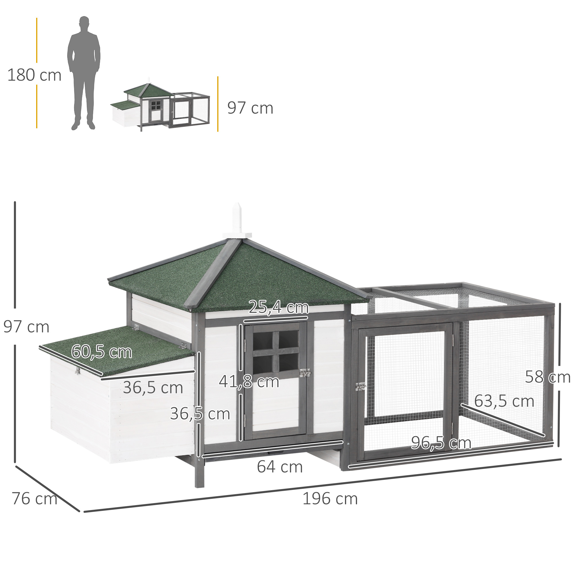 Hühnerstall für Zwerghühner 196 x 76 x 97 cm Hühnerhaus mit Nistkasten, Freilaufgehege Sitzstange, Kleintierstall aus Holz, Grau