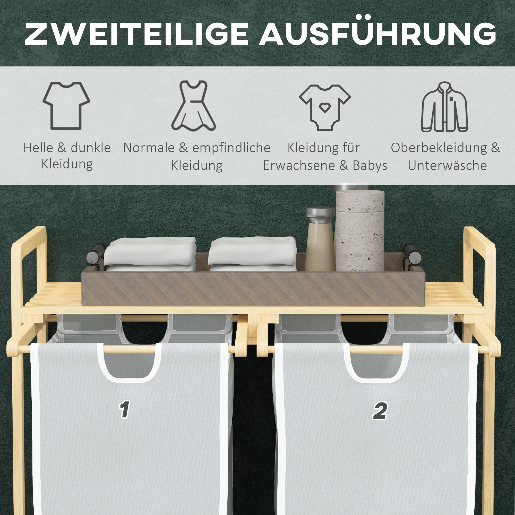 Wäschekorb mit 2 Waschsäcken, 1 Ablage, Bambus, 63,5 cm x 33 cm x 73 cm, Hellgrau + Natur