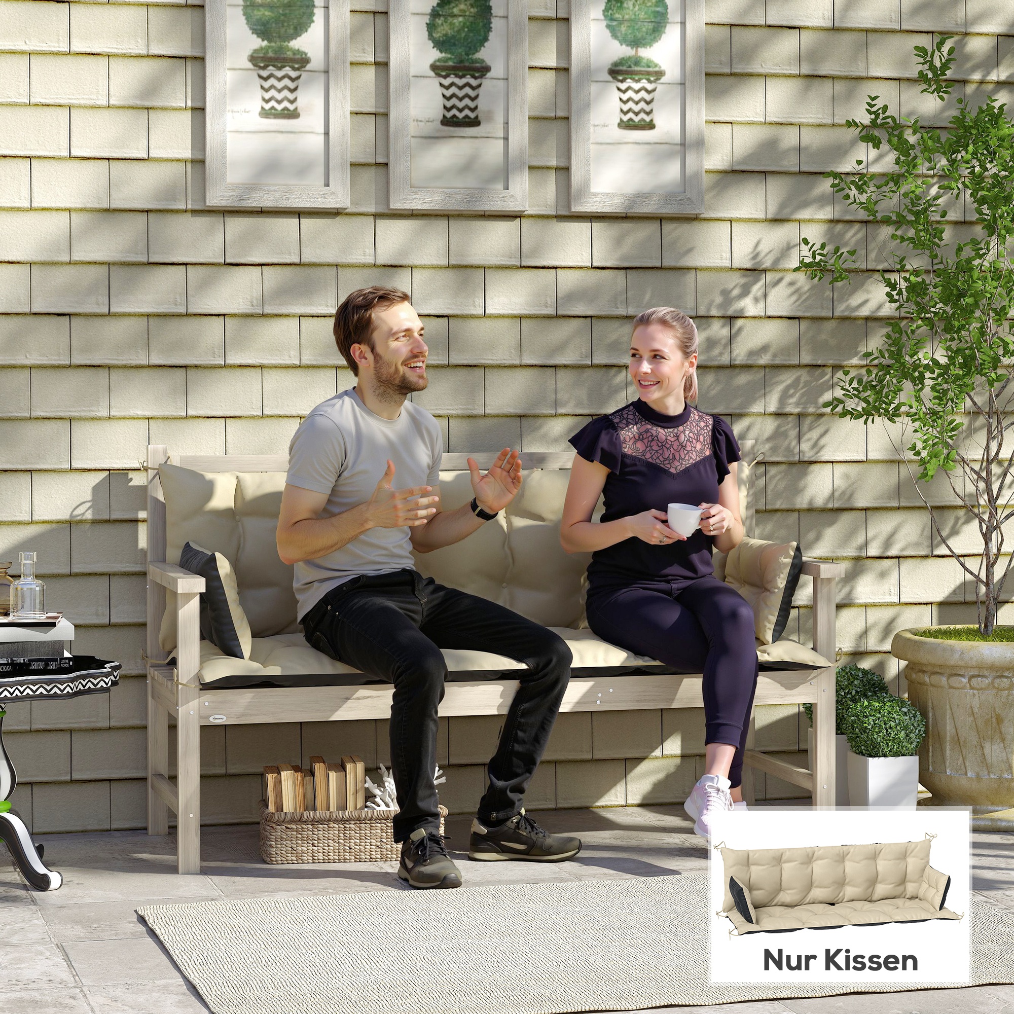 Outdoor-Kissen-Set für Bank oder Hollywoodschaukel, zweifarbig, Polyester, Schaumstoff, 180 x 110 x 8 cm, Beige+Schwarz