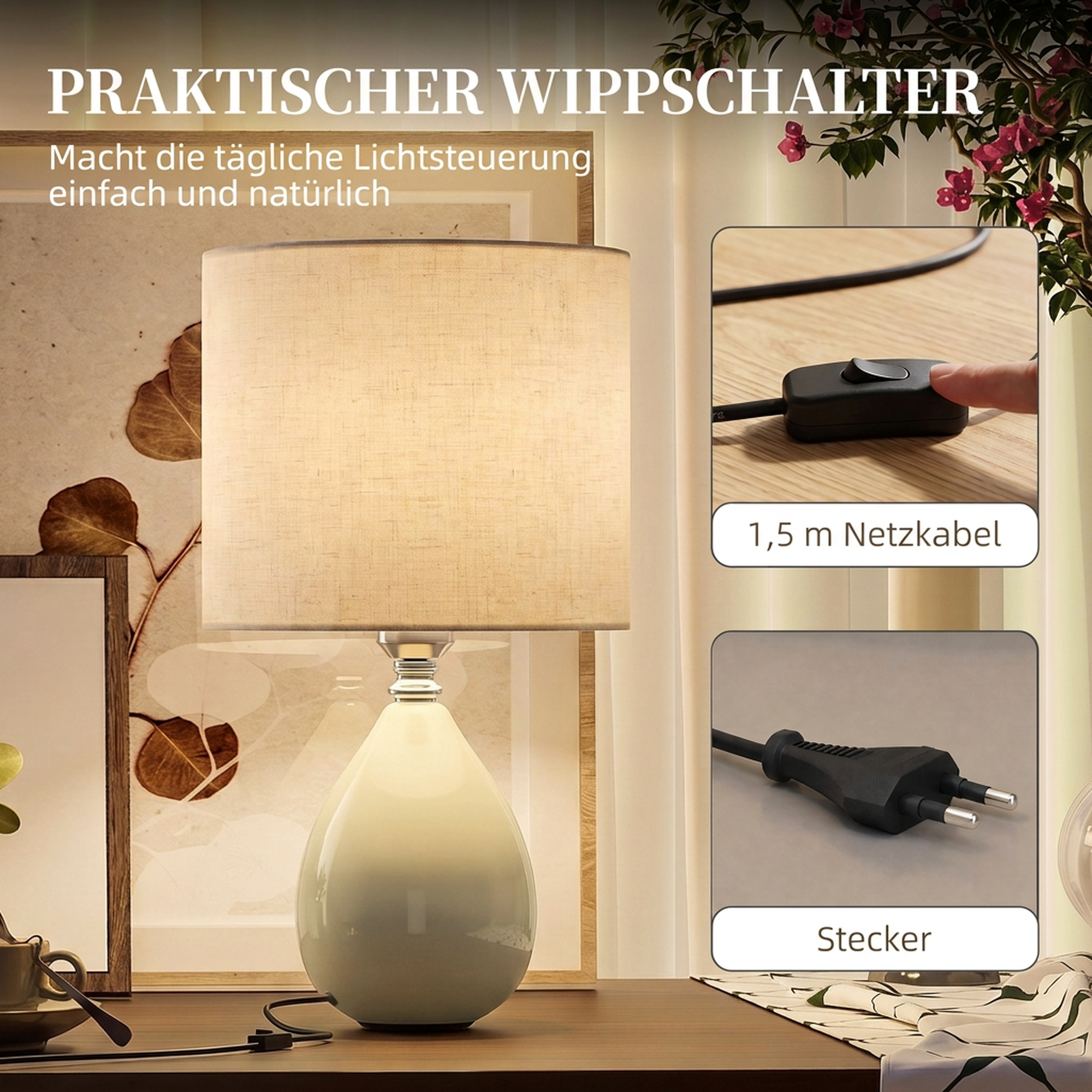 Tischlampe Tischleuchte, Vintage Nachttischlampe Schreibtischlampe mit Keramiksockel, Leinenschirm Kabel, E27 Fassung