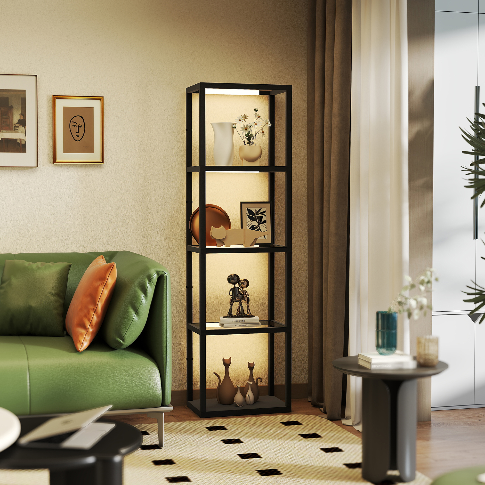 LED-Stehlampe mit 4-stufigem Regal, Leuchtregal mit 4 Glasfächern, Fußschalter, MDF, Schwarz