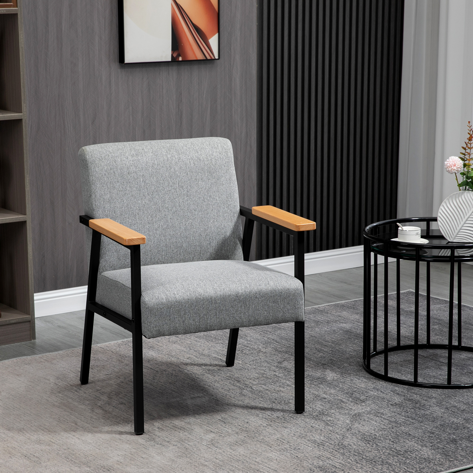 Akzentsessel im Skandidesign, Ruhesessel ,Akzentstuhl, Leinenoptik, Kautschukholz, Grau + Schwarz + Braun