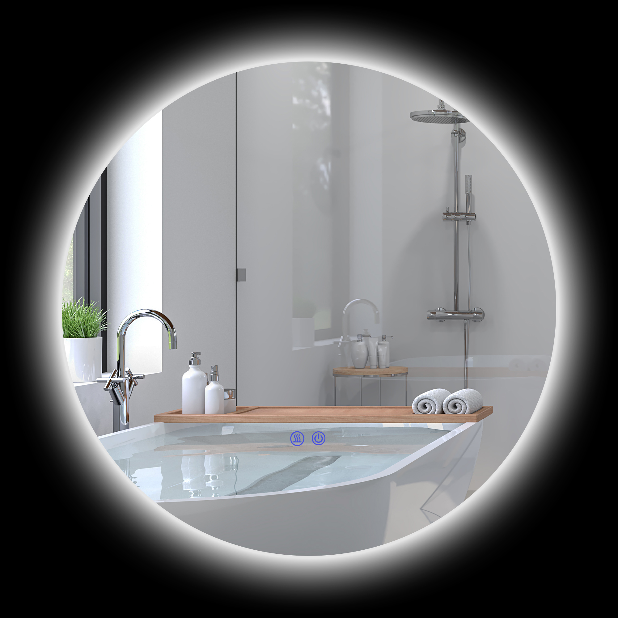 Badezimmerspiegel, LED, Farbwechsel, Antibeschlag, Touch-Schalter, IP44, Ø 60 cm, Weiß