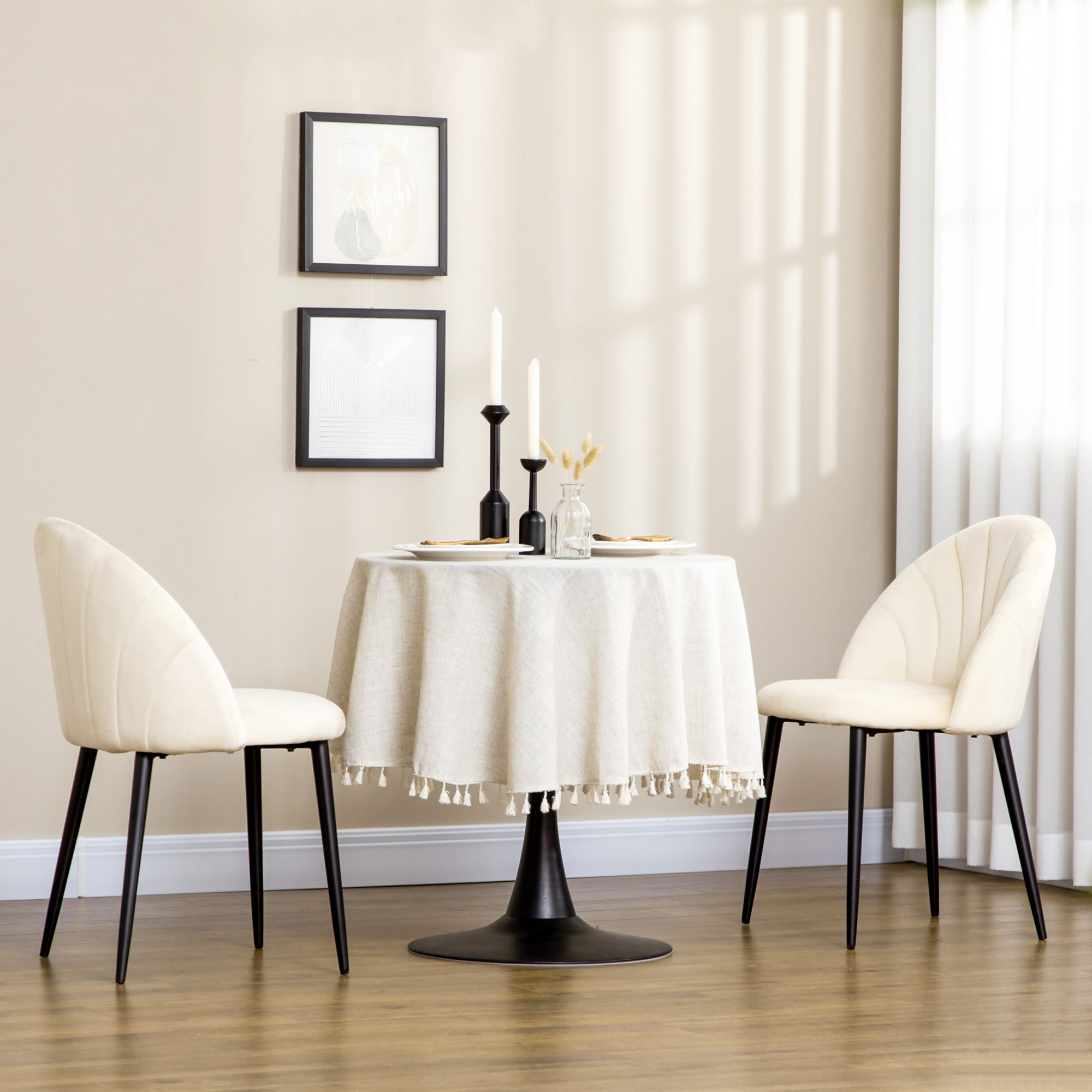 2er-Set Esszimmerstühle im Skandi-Design, Küchenstühle, Samptoptik, Creme + Schwarz