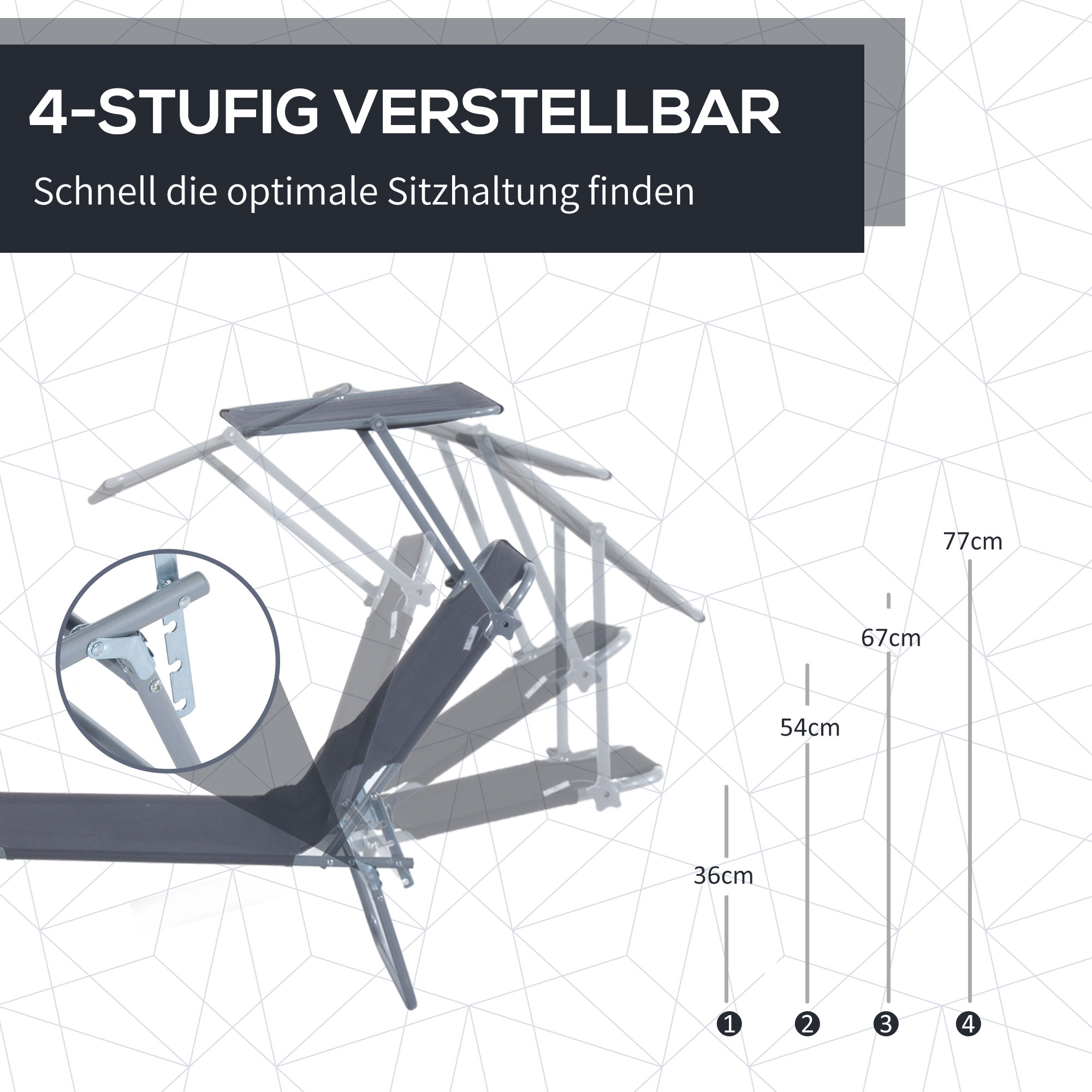 Sonnenliege klappbar Gartenliege mit Sonnenschutz Wellnessliege mit 4-Fach verstellbare Rückenlehne Strandliege bis 120kg belastbar für Garten, Balkon und Pool geeignet, 6 Farben(Grau )