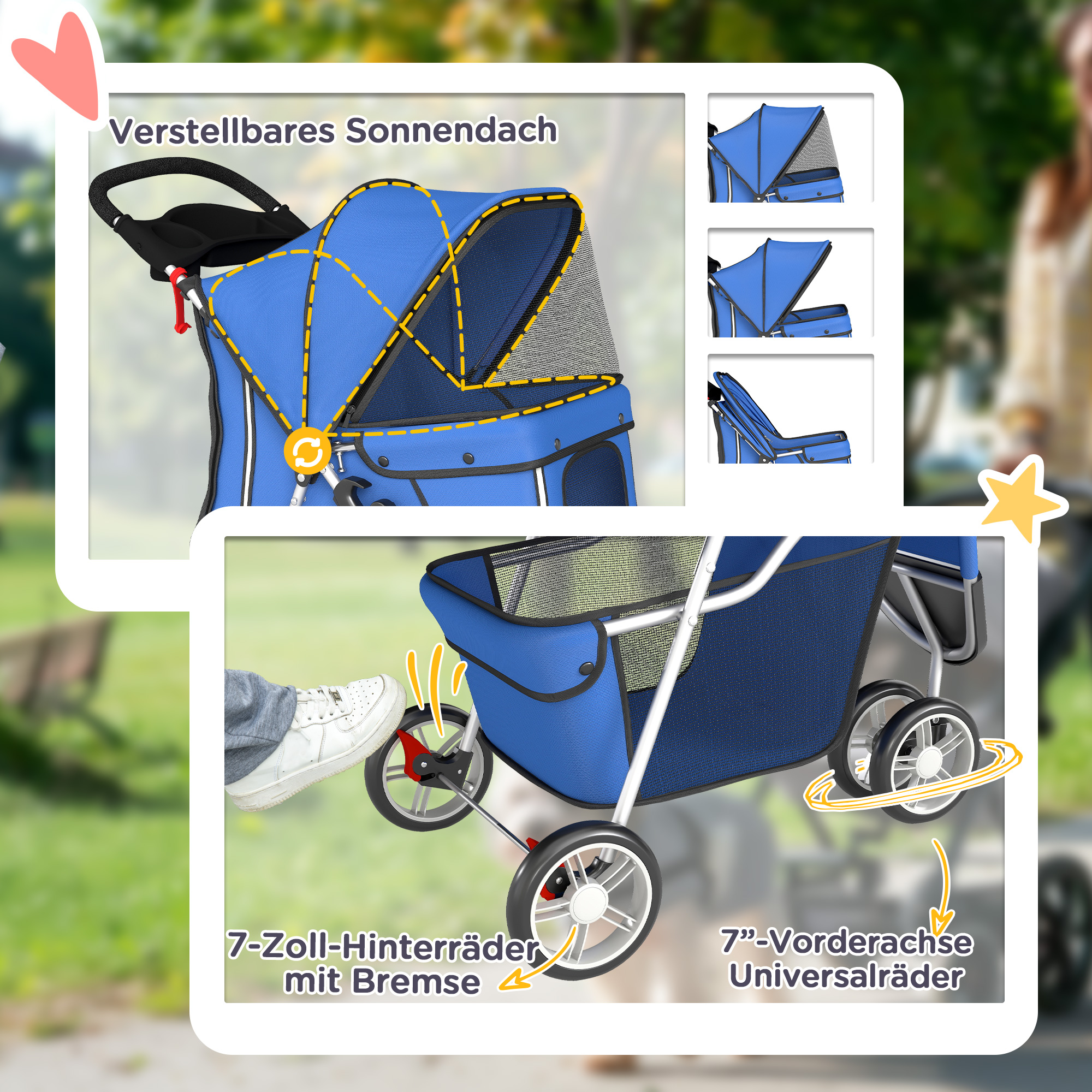 Hundewagen Hundebuggy Faltbar bis 10kg mit Aufbewahrungskorb, Kissen, Netzfenstern, für kleine Hunde, 77x44x102cm Blau