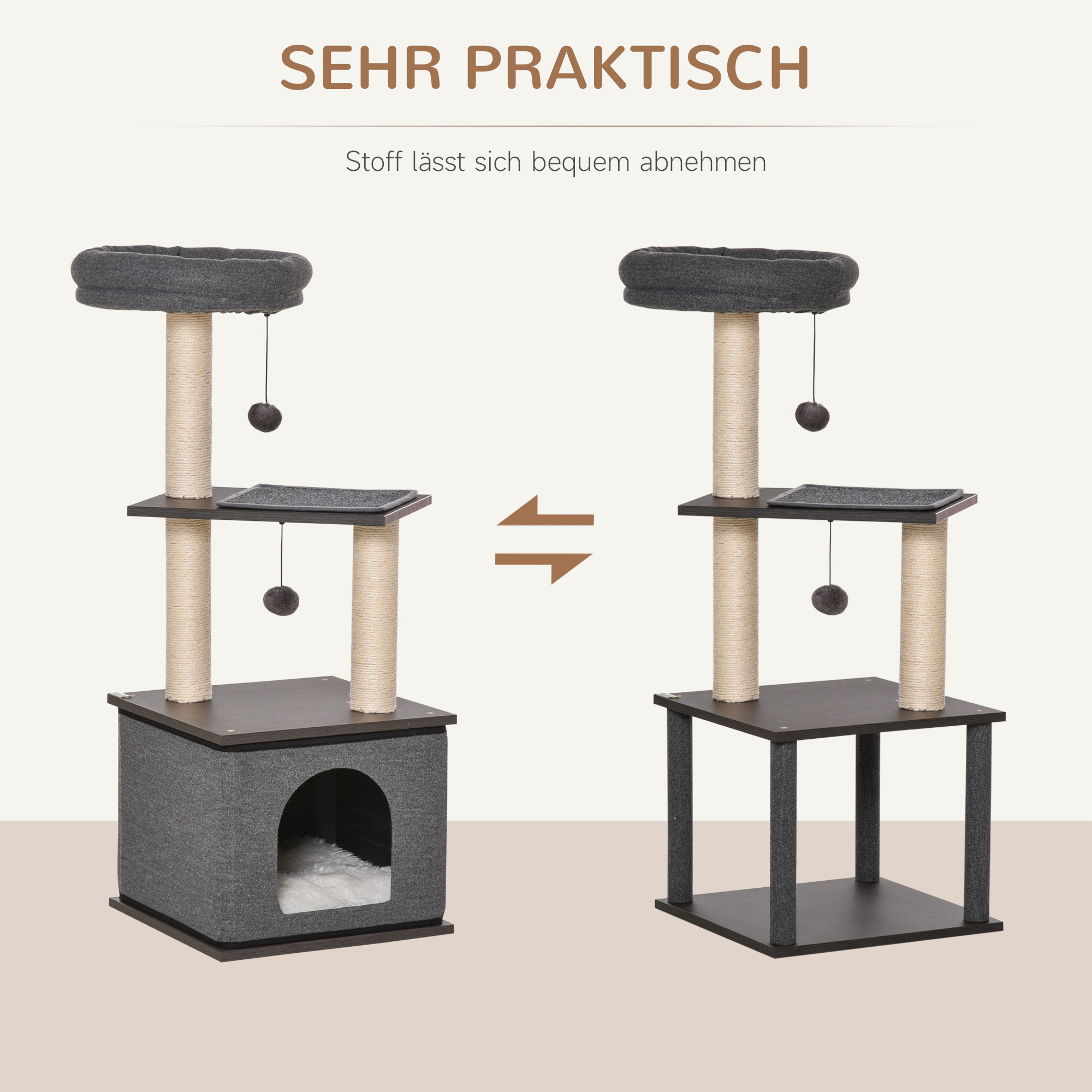 Katzenkratzbaum Katzenspielzeug Kletterbaum Spielmöglichkeiten Spielsisal Spielseil PB-Platte Sisal Dunkelgrau 40 x 40 x 104 cm