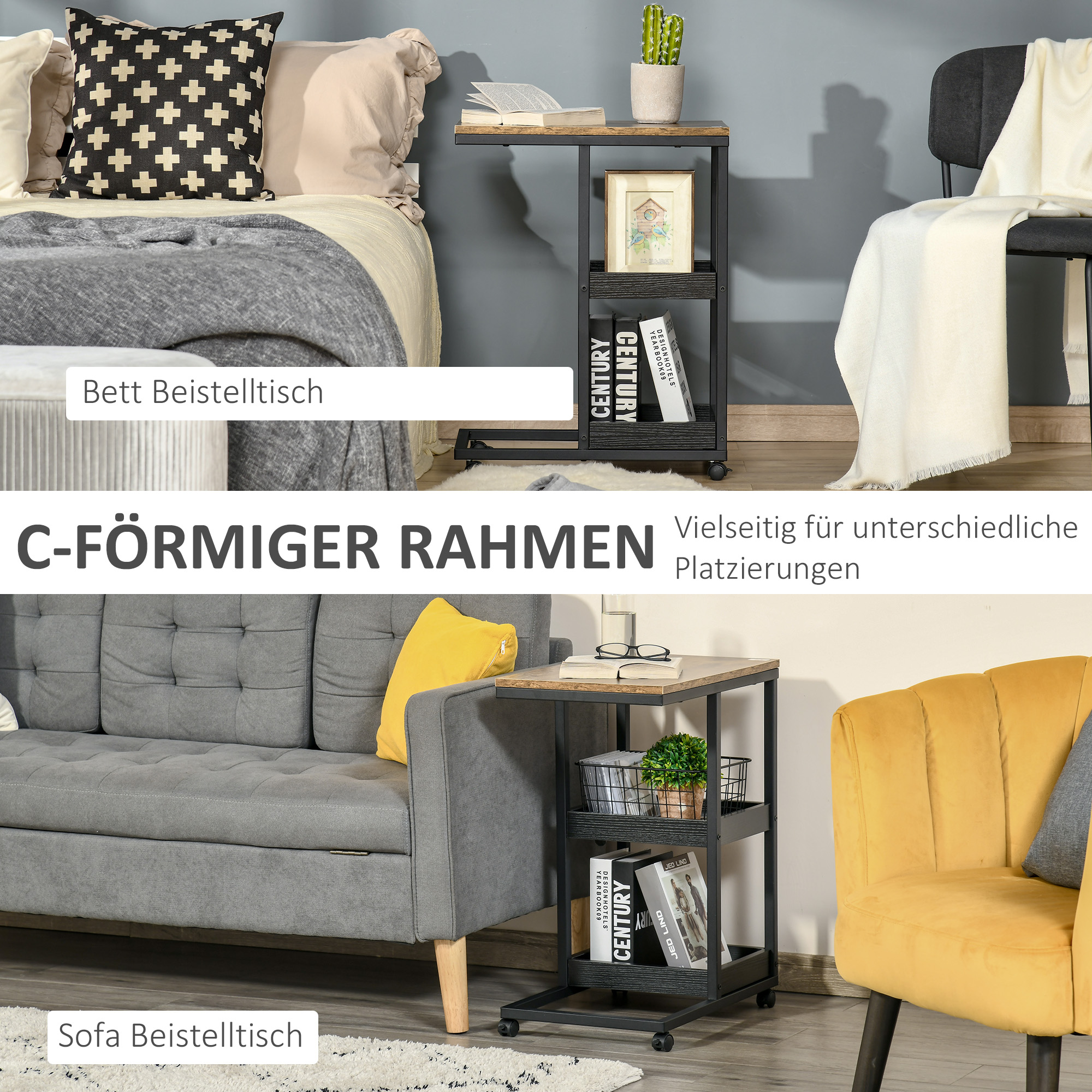 Beistelltisch mit Rädern für Sofa oder Bett, Industriestil, Stahl und Holz, Braun und Schwarz