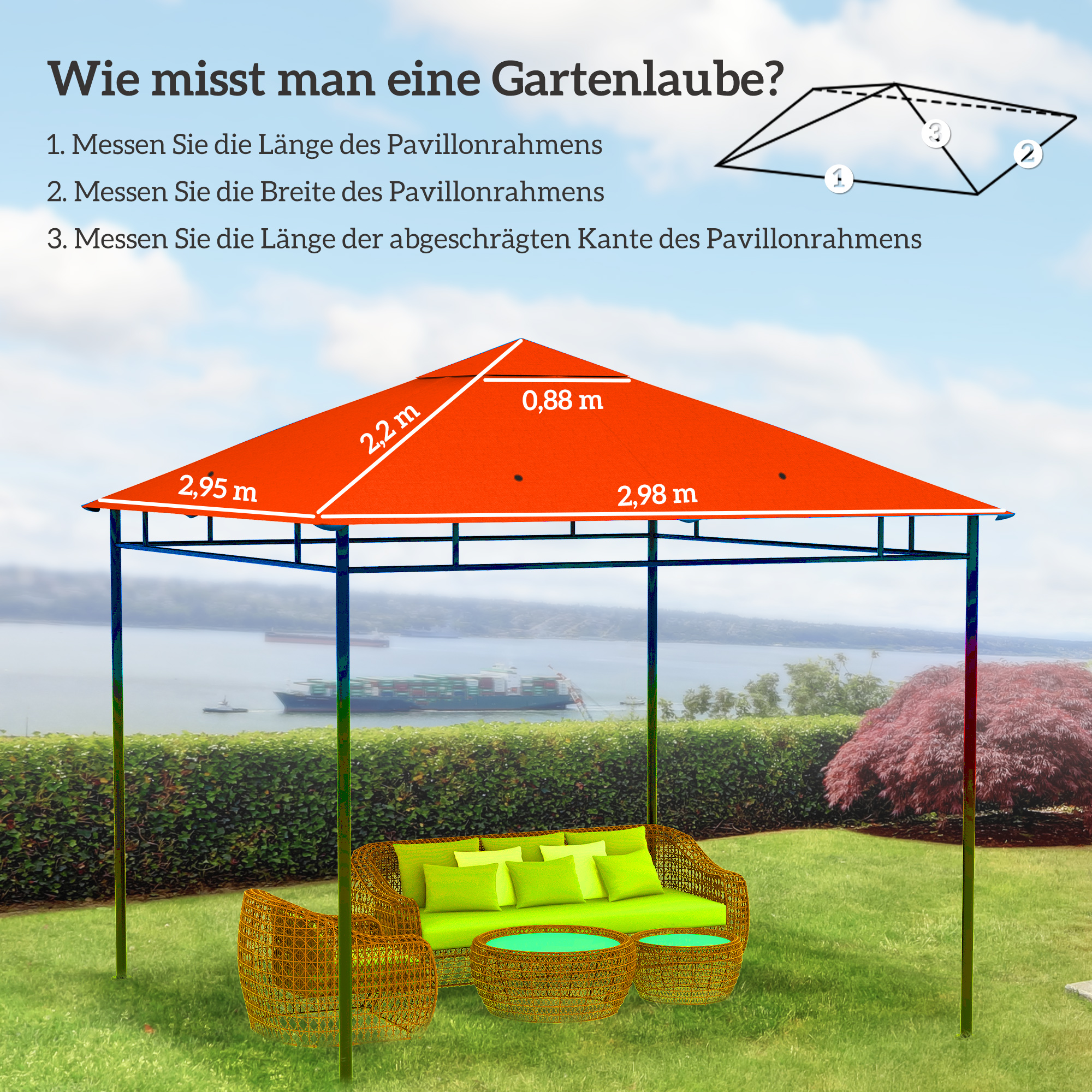 Ersatzdach für Gartenpavillon, Polyester, 2,98 x 2,95 m, Orange