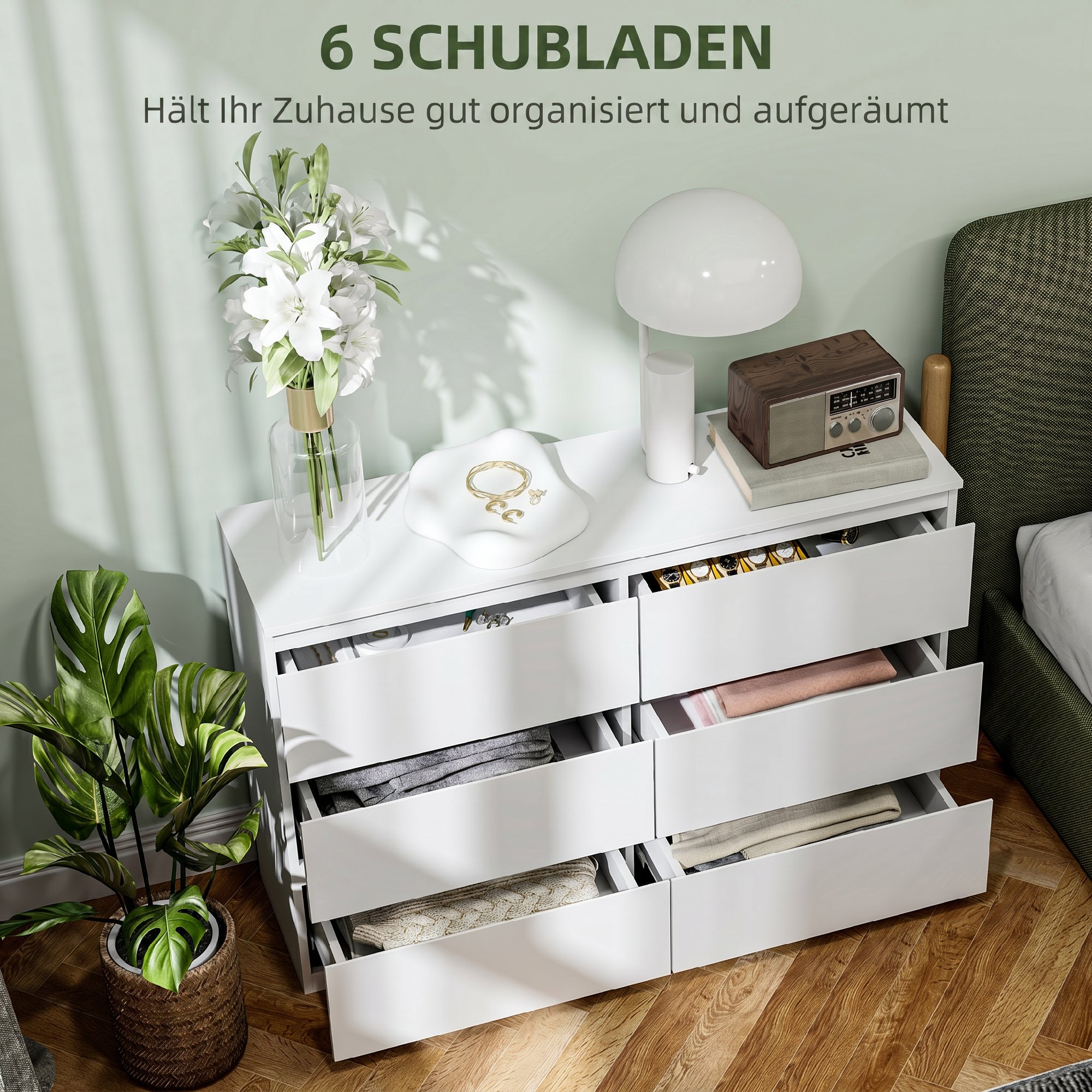 Kommode mit 6 Schubladen, Moderne Aufbewahrungsmöbel für das Schlafzimmer, Weiß
