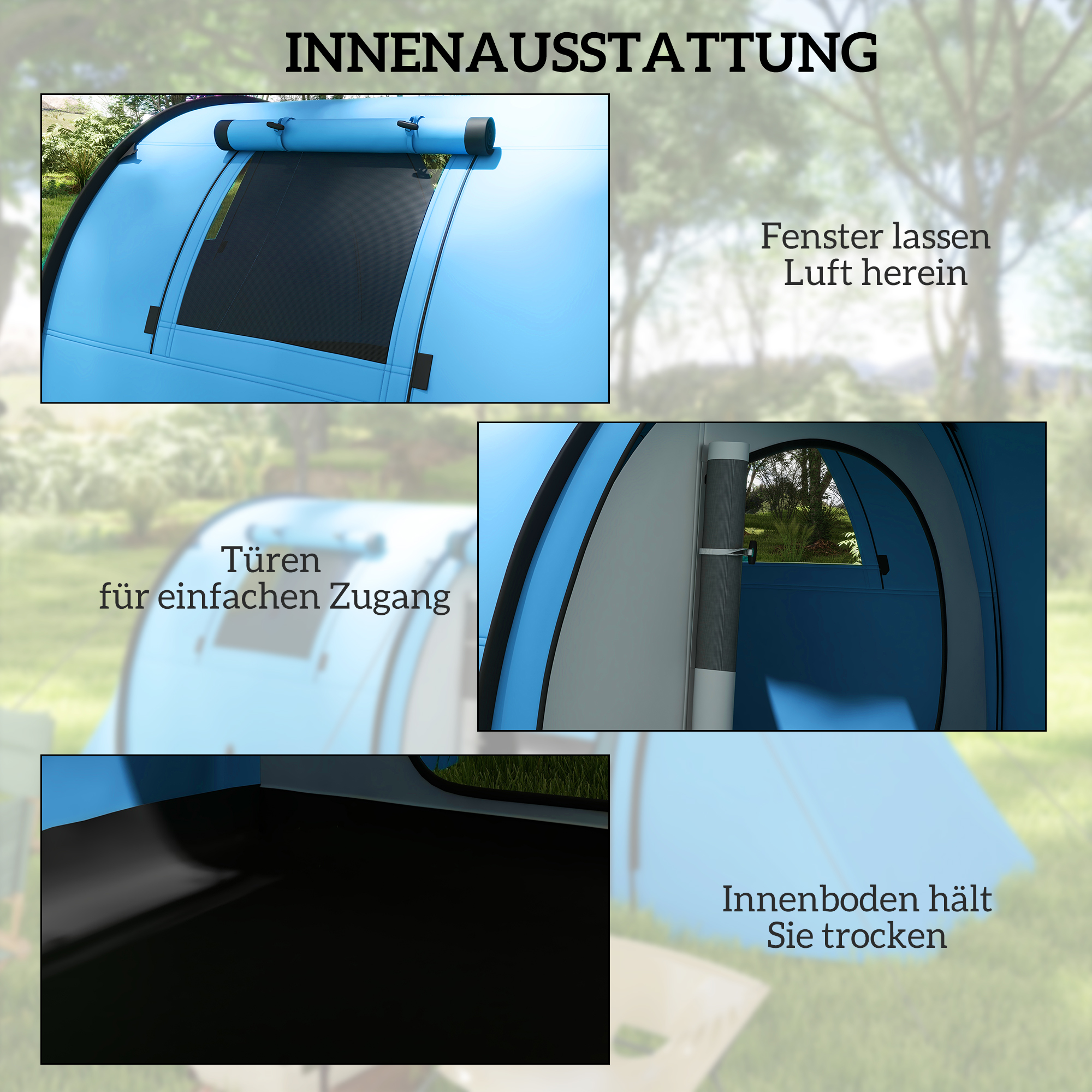 Campingzelt für 3-4 Personen stabil wasserdicht Familienzelt mit Schlafzimmer Wohnzimmer 3000mm Wassersäule Himmelblau