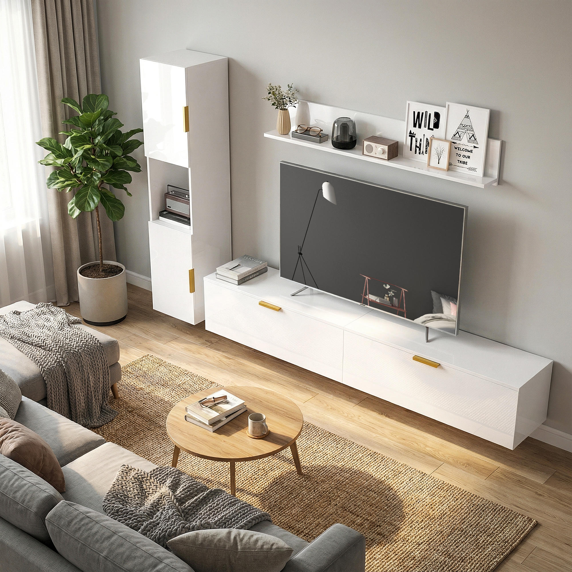 Schwebendes TV-Board mit Klapptüren Entertainment-Center Wandregal Schrank 180 cm Hochglanz Weiß