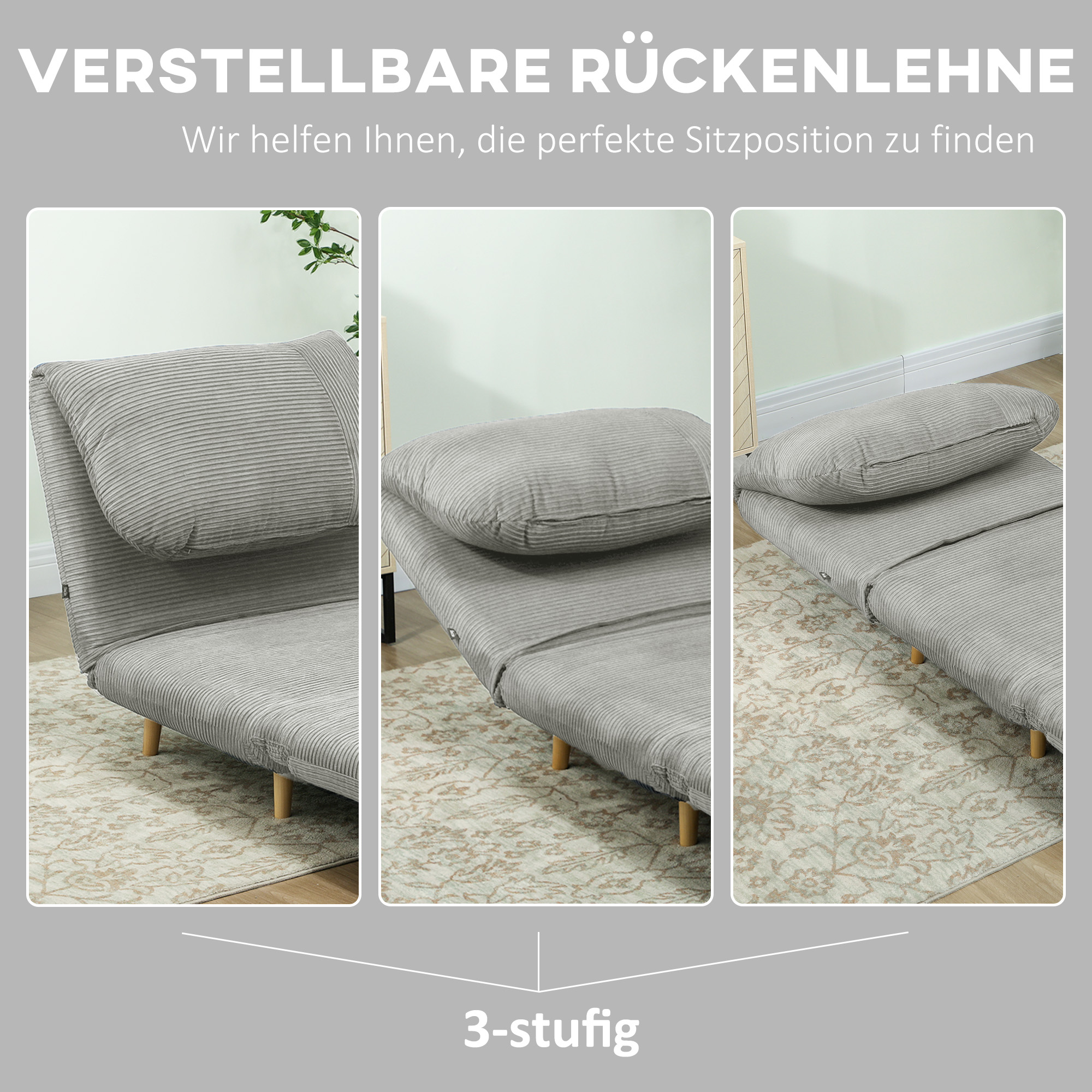 2-in-1 Schlafsessel Gästebett, verstellbare  Kopfstütze Cord-Optik 82 cm x 87 cm x 89 cm Grau