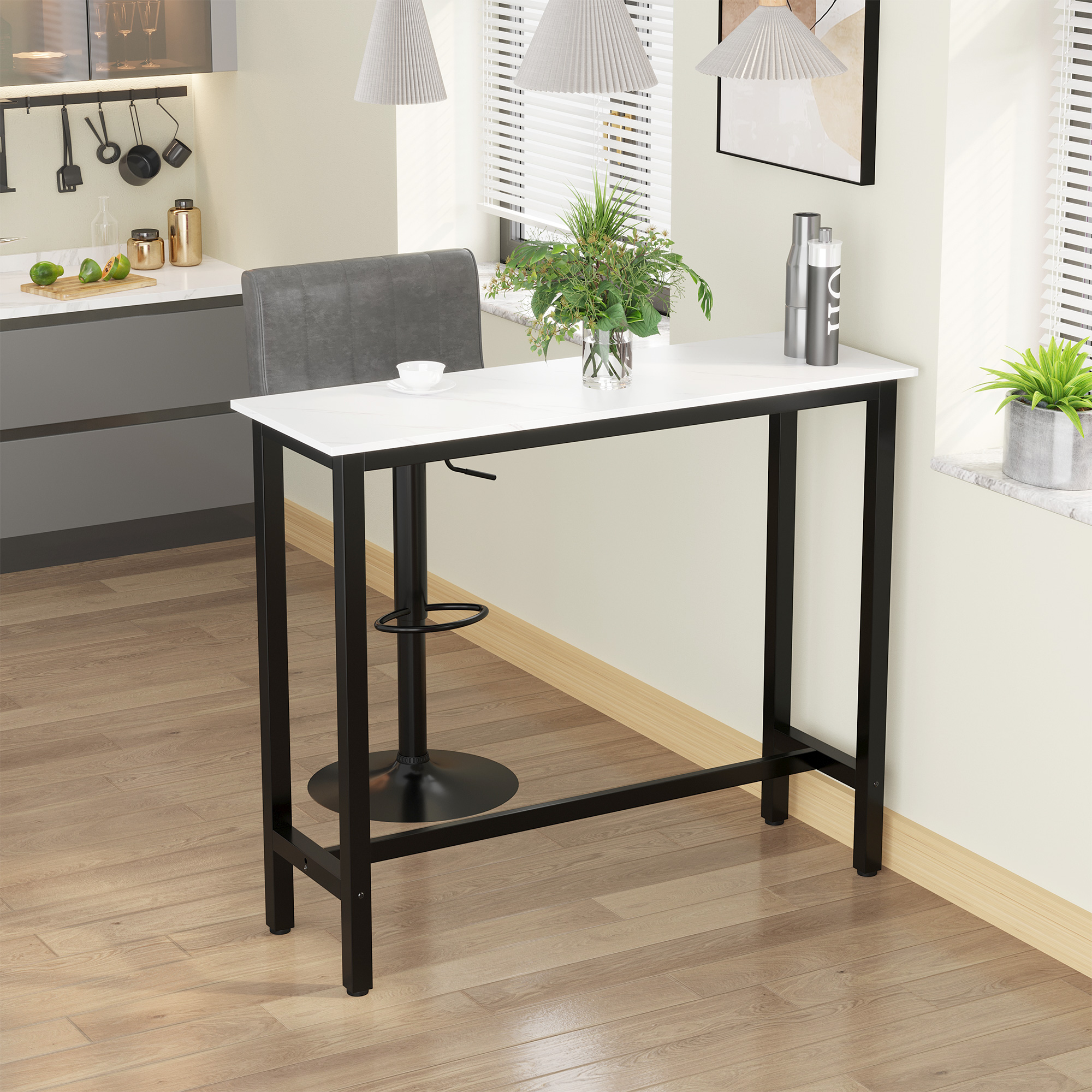 Bartisch in Marmoroptik, Stahlrahmen, Nivellierfüße, 120x40x100 cm, Weiß/Schwarz
