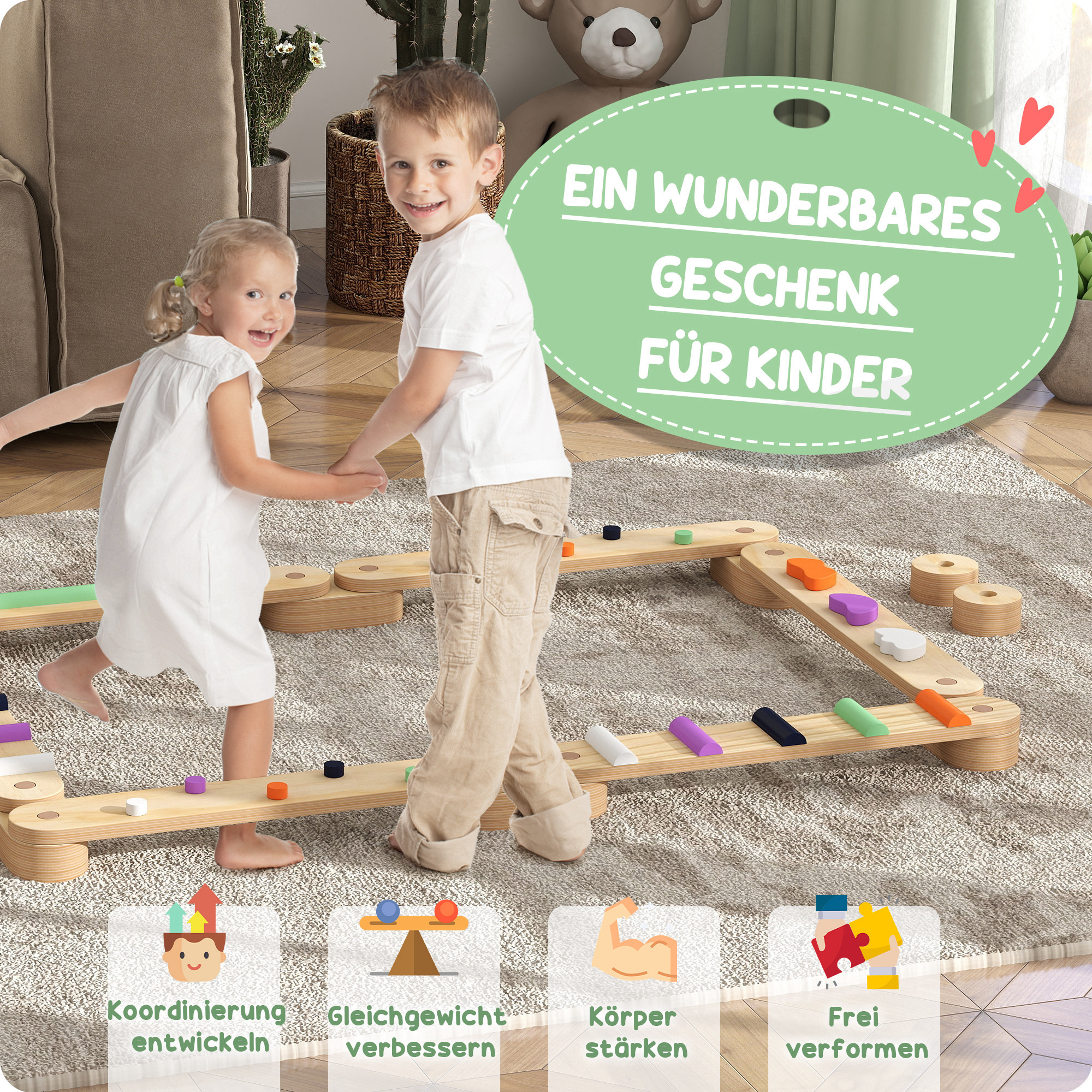 Balancebalken-Kinderset aus Holz, für Kinder von 3-8 Jahren, zweiseitige Balancebretter für spielerische Koordination