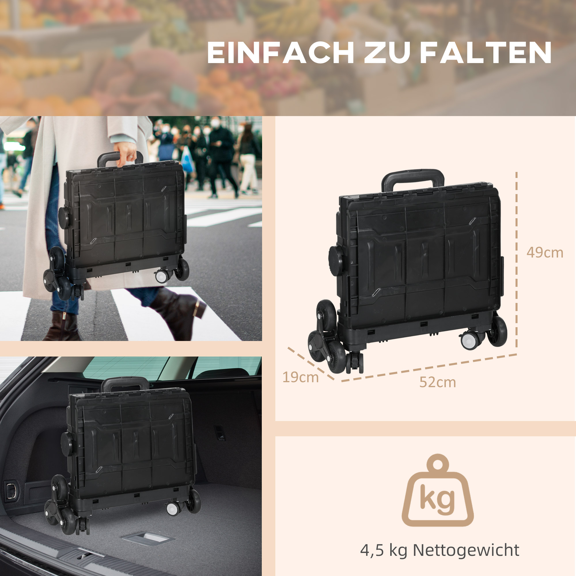 Einkaufswagen Einkaufstrolley, Treppensteiger,  klappbar, Teleskopgriff, bis max, 65 Kilo belastbar, Schwarz