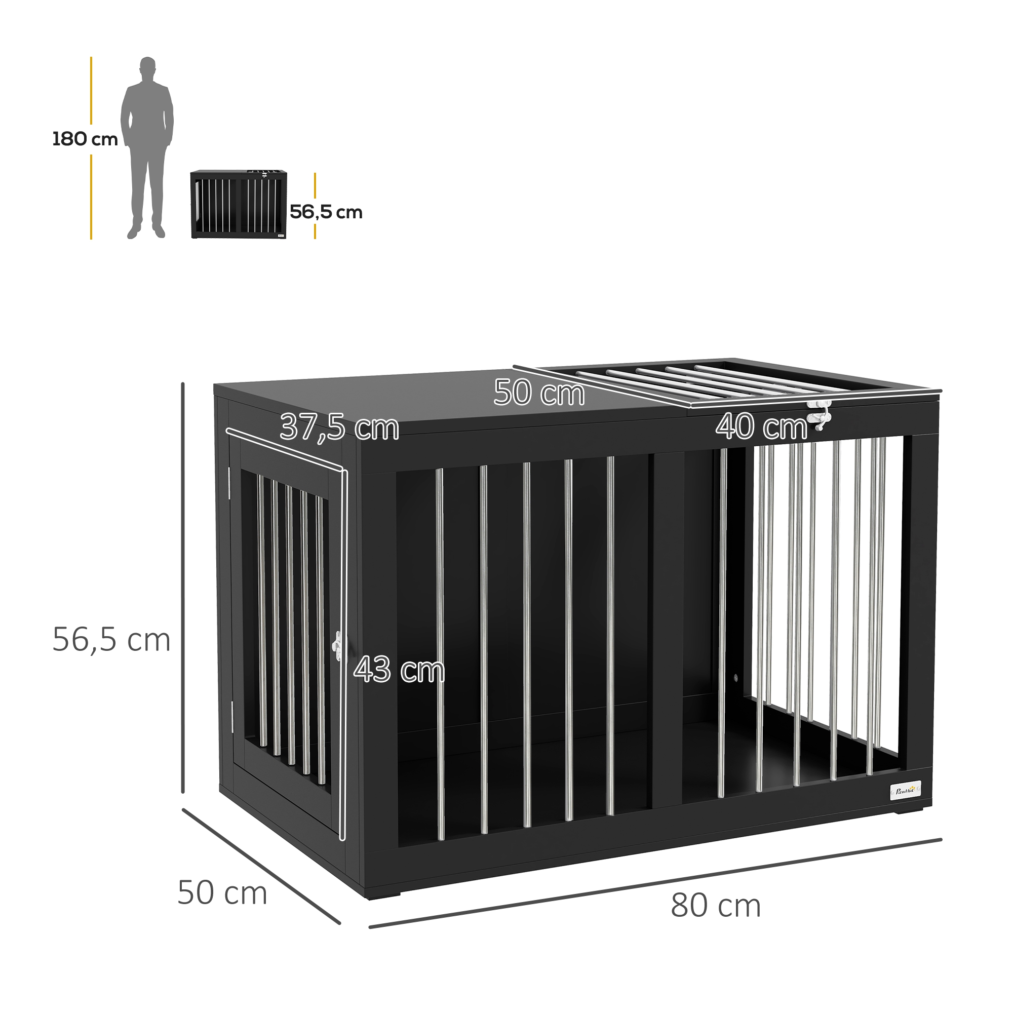 Hundekäfig Hundebox Hundetransportbox,  2 Türen, verriegelbar, Stahlgitter, 80 cm x 50 cm x 56,5 cm, Schwarz