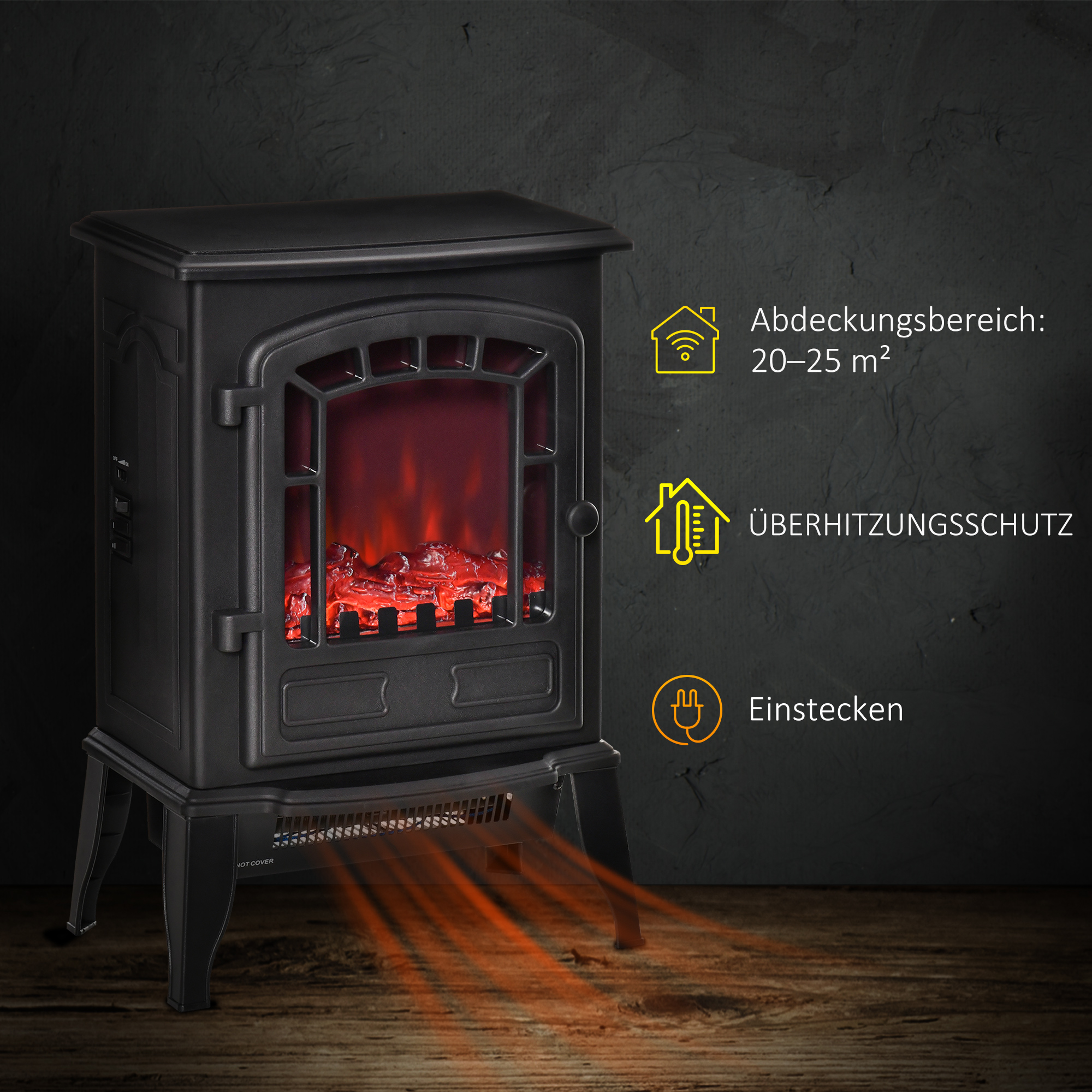 Elektrischer Bodenkamin, 2 Heizstufen, realistischer Flammeneffekt, vielseitig
