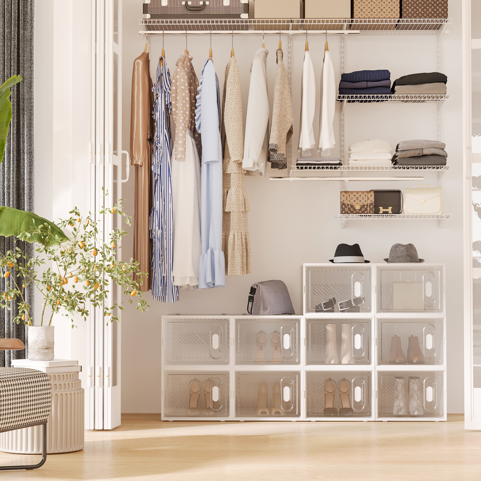 18-teiliges Schuhregal, stapelbare Schuhboxen für Schuhe bis Größe 45, magnetische Türen, Kunststoff, 28 x 36 x 21 cm