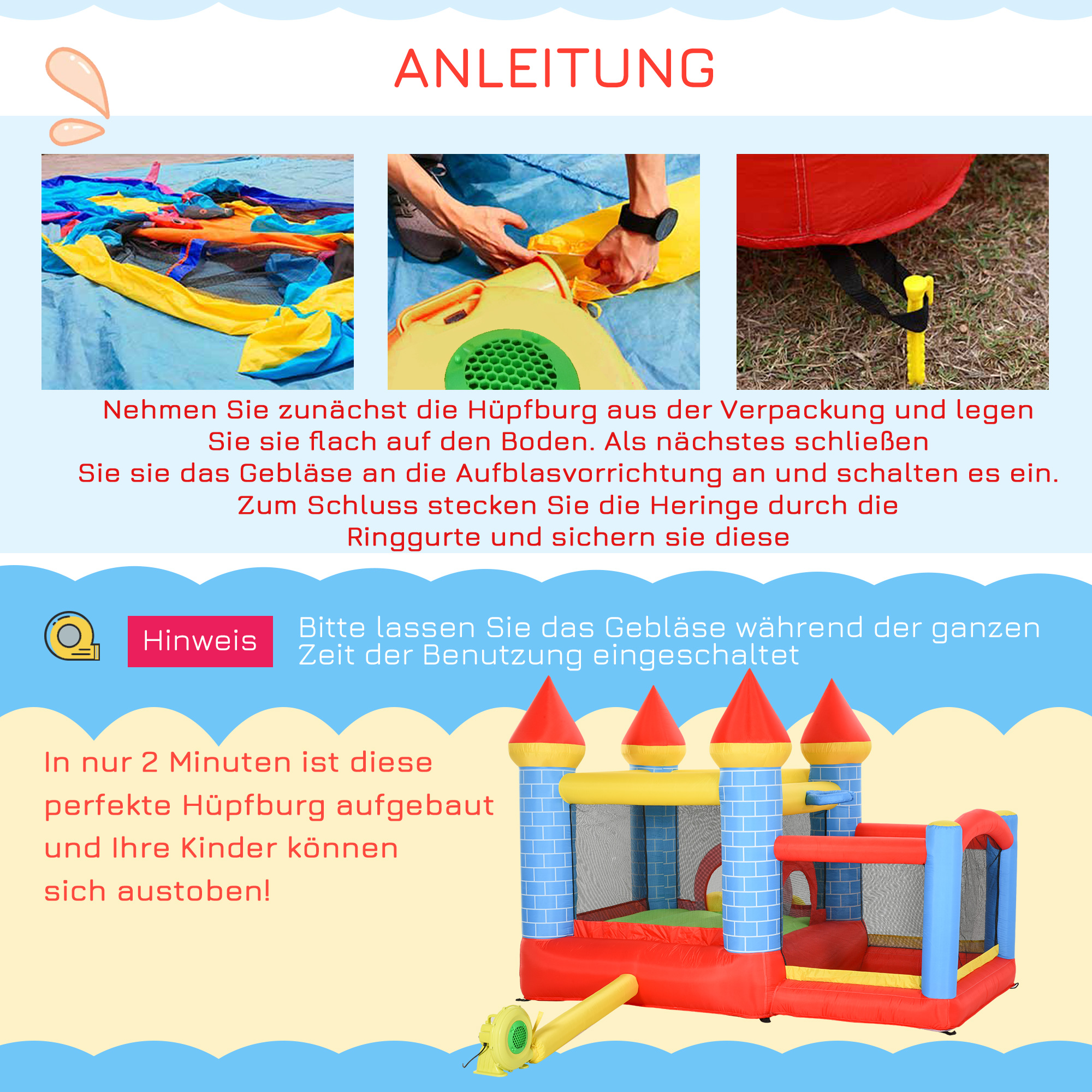Aufblasbare Hüpfburg mit Rutsche Pool für 3 Kinder Burg mit Gebläse für 3-8 Jahre Rot+Blau+Grün 280 x 260 x 210 cm