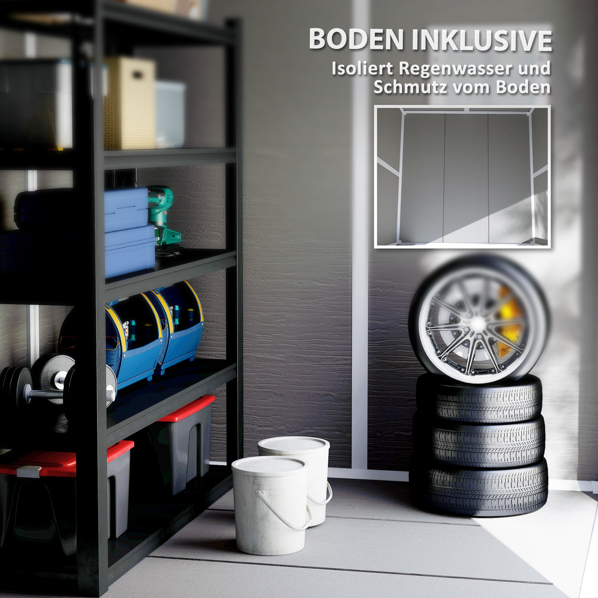 Gartenschuppen, Geräteschuppen mit Boden, verschließbare Türen, Lüftungsöffnungen, Fenster, Holzoptik, Kunststoff, Grau