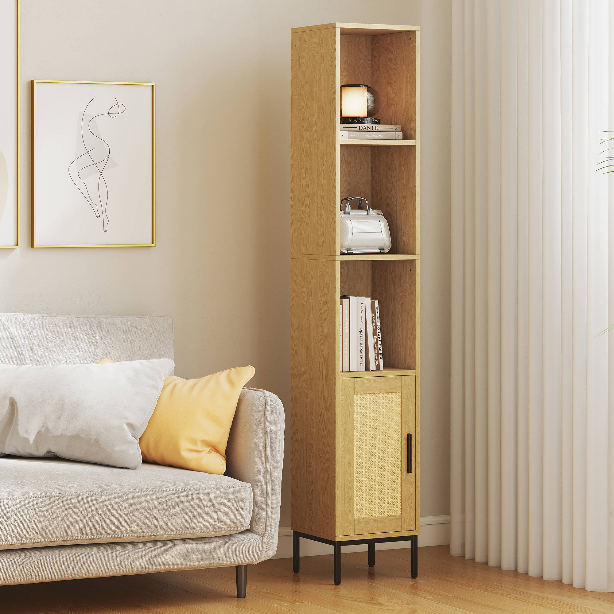 Hoher Badezimmerschrank, schmaler Badschrank mit offenen Ablagen und verstellbarem Einlegeboden, Naturholzoptik