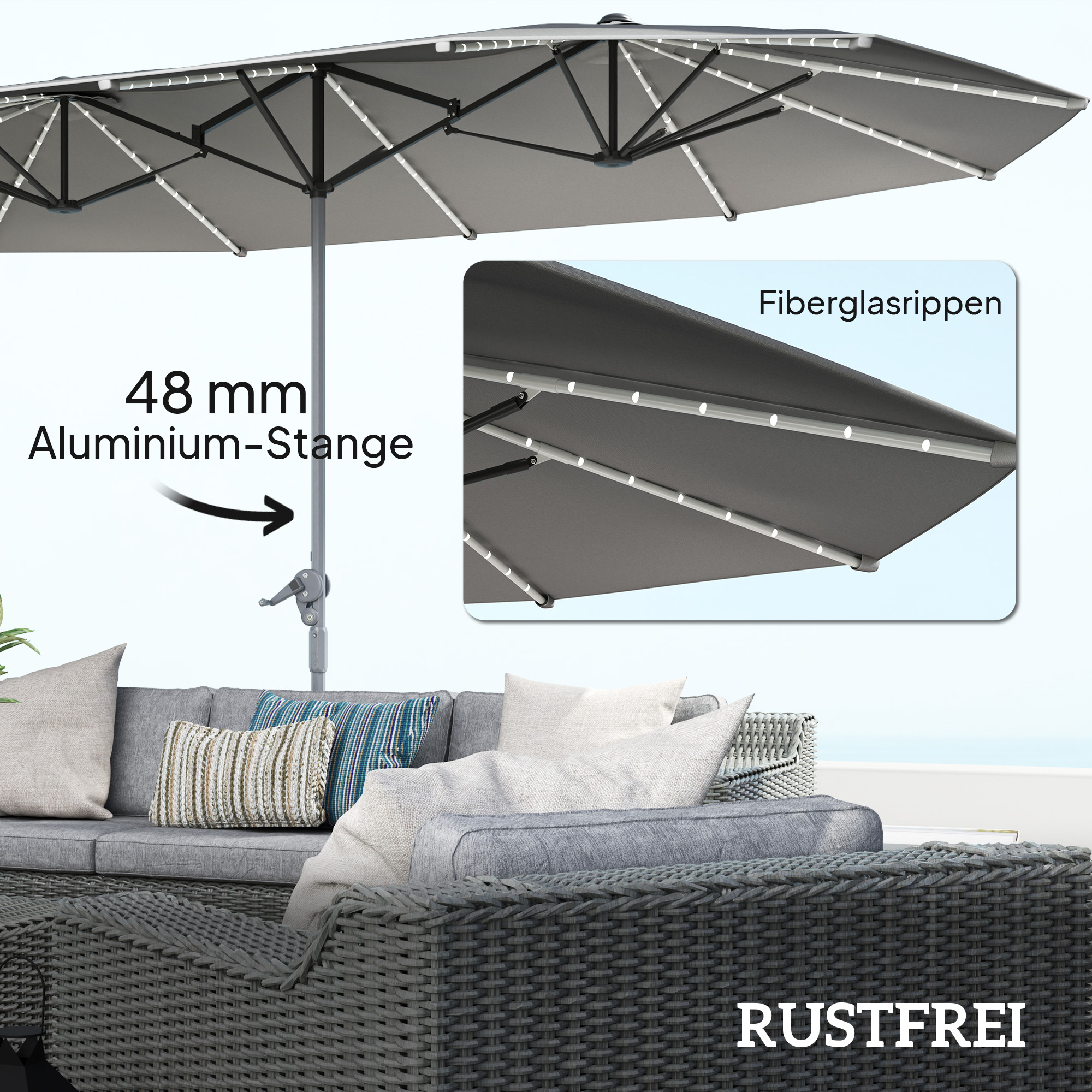 Doppelschirm mit Solar-Lichtern, Aluminium, Polyester, UPF50+ Schutz, UV-beständig, Terrassenschirm, Dunkelgrau