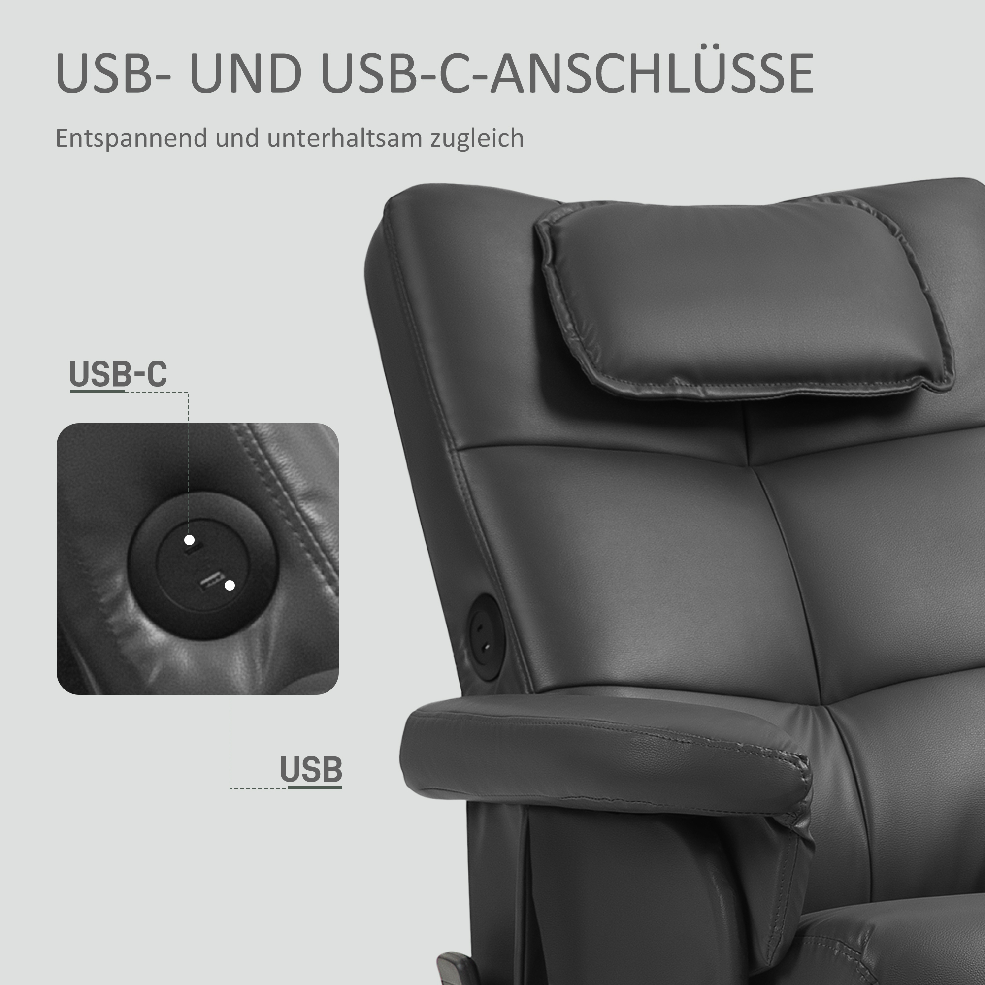 Massagesessel mit Hocker, verstellbare Lehne, USB-Ladeport, Lederoptik, bis 150 kg, Schwarz