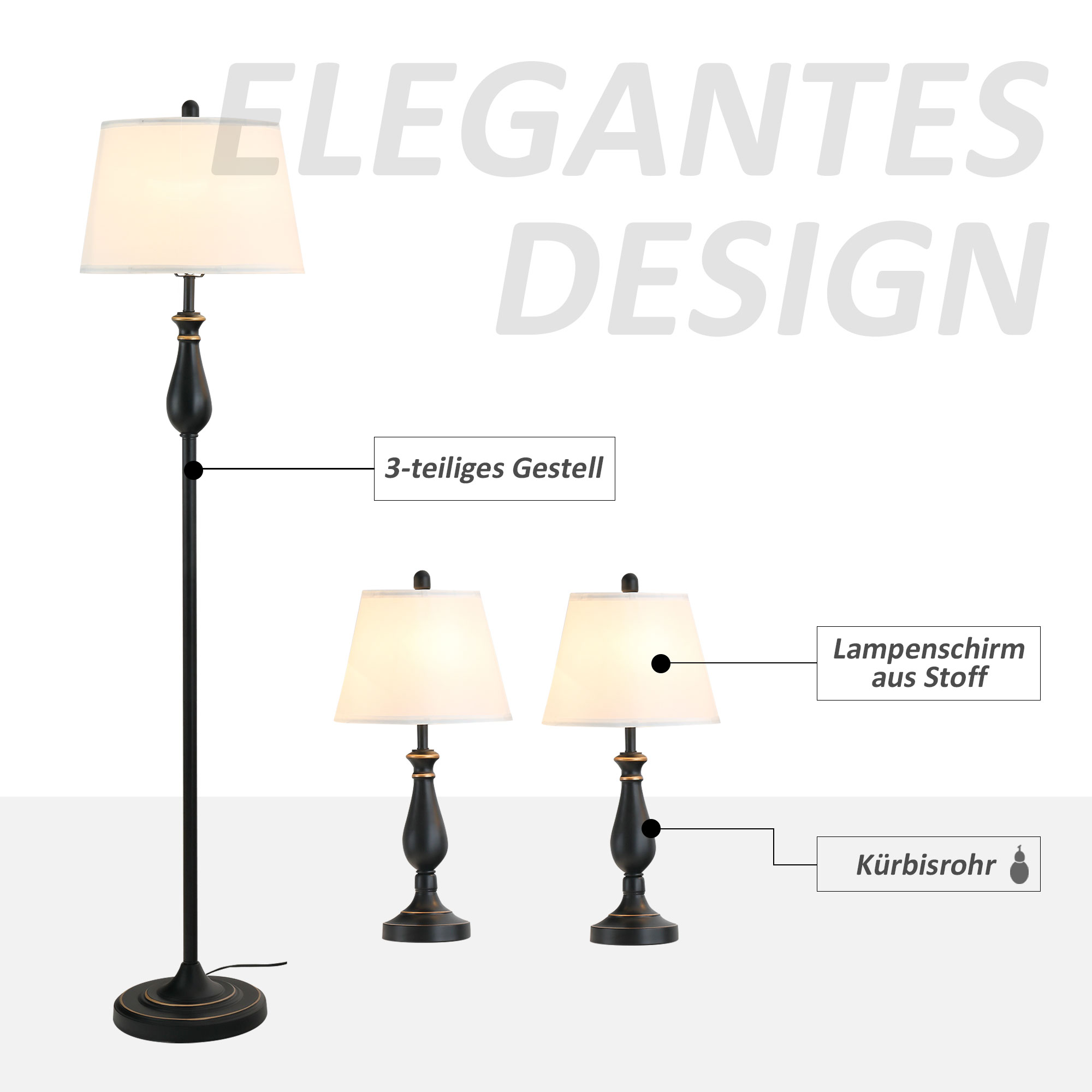 3er-Lampenset 2 Tischlampe(ø30 x 62H cm) + 1 Stehlampe(ø38 x 158H cm)  Vintage, Schwarz+Weiß, Metall, PS, Polyester, Baumwolle E27 Lampensockel