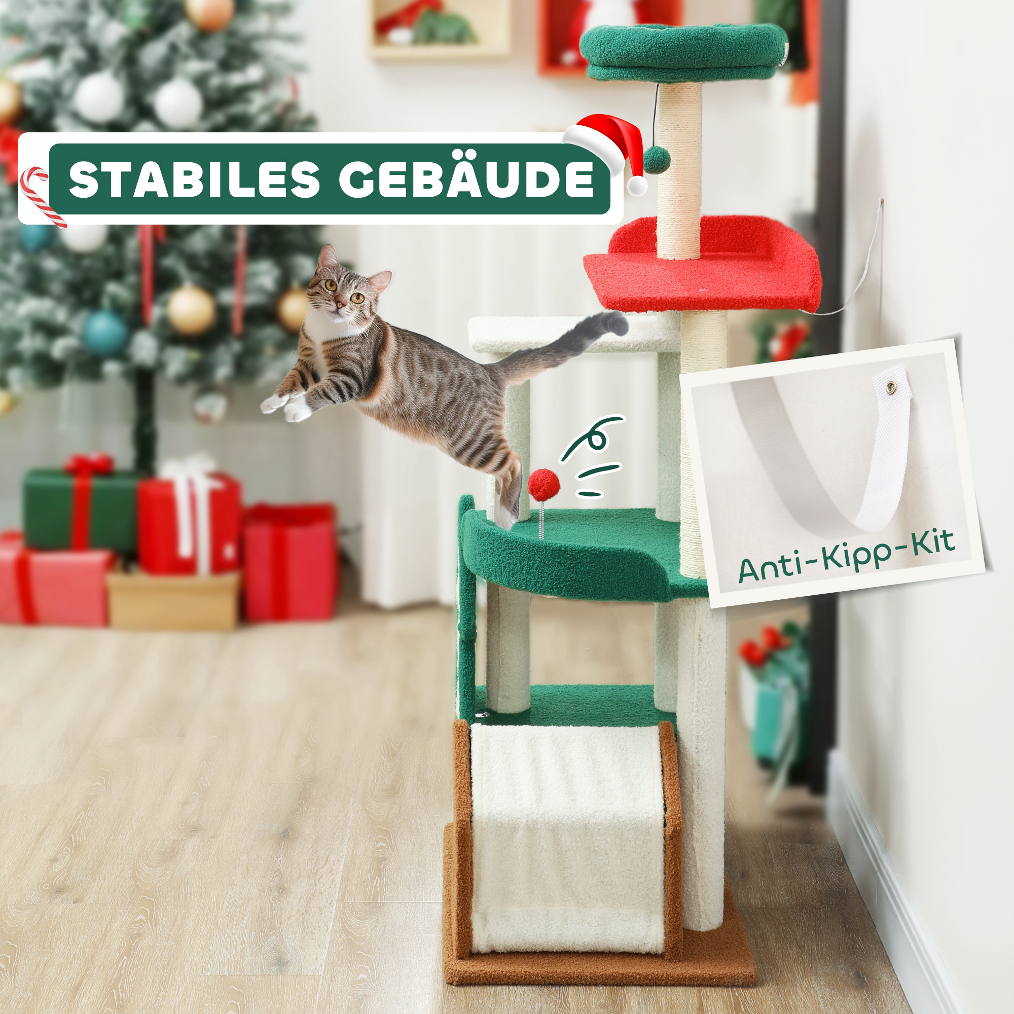 135 cm Katzenkratzbaum in Weihnachtsfarben mit Katzenbett, Katzenhaus, Kratzpfosten, Sprungplattformen, Spielzeugbällen
