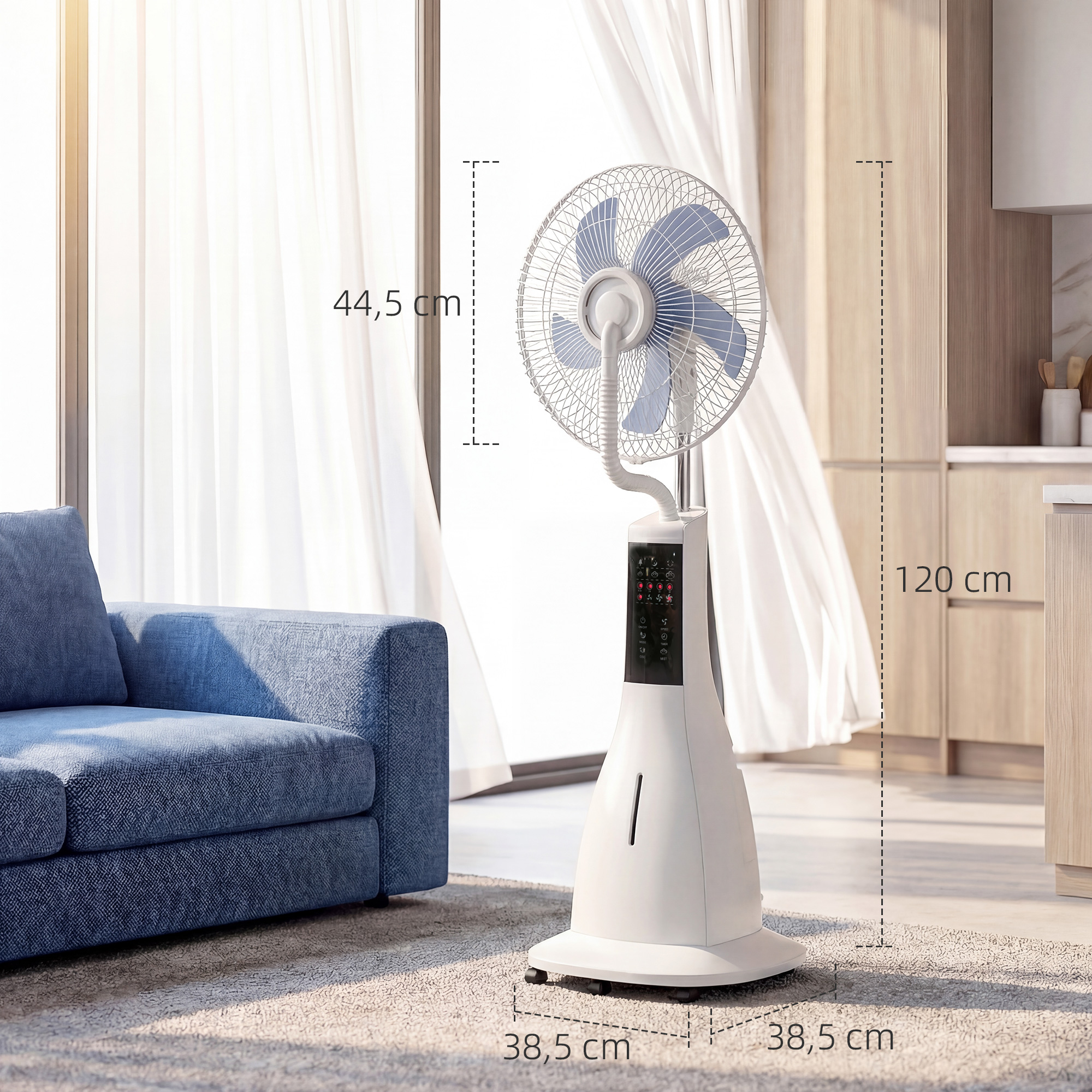 Stehventilator mit Wassernebel, 75° Oszillation, 3 Geschwindigkeiten, 3 Modi, Weiß