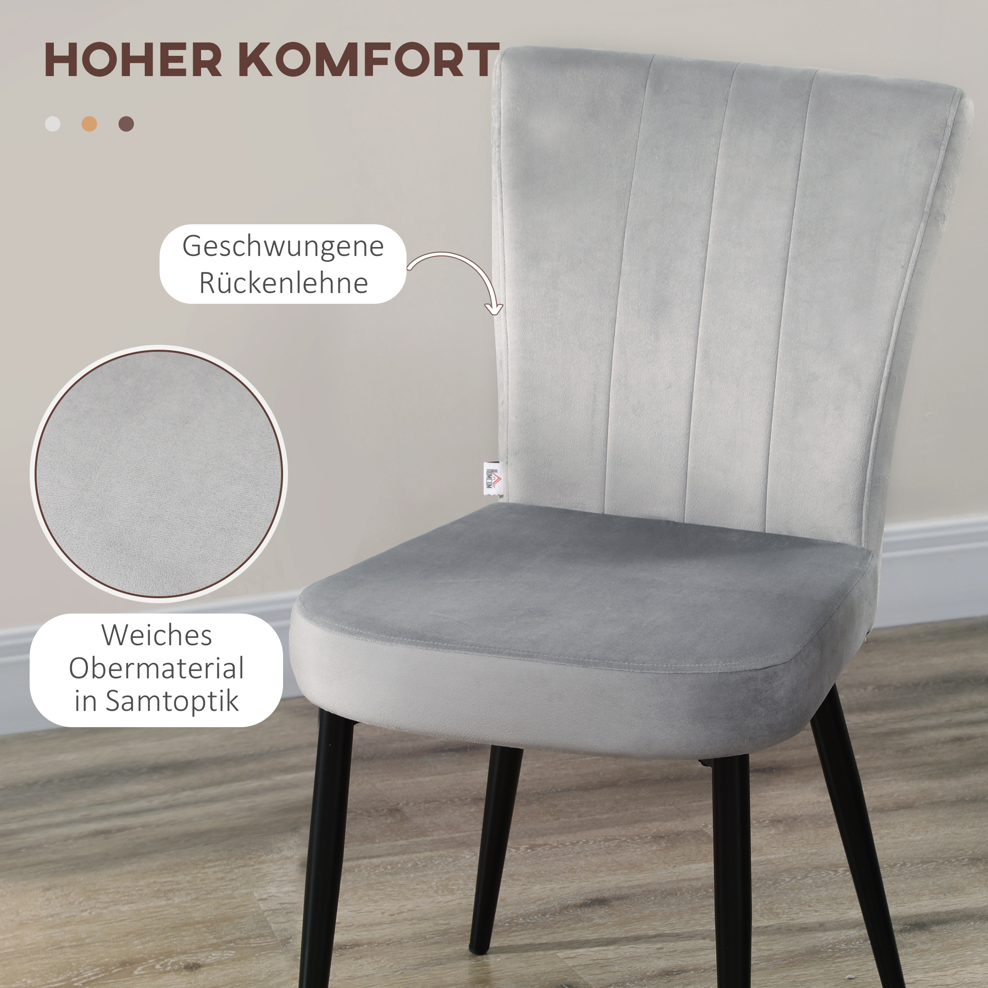 4er-Set Esszimmerstühle, Akzentstühle für Küchen und Esszimmer, Stuhlset, Velours-Optik, Hellgrau+ Schwarz