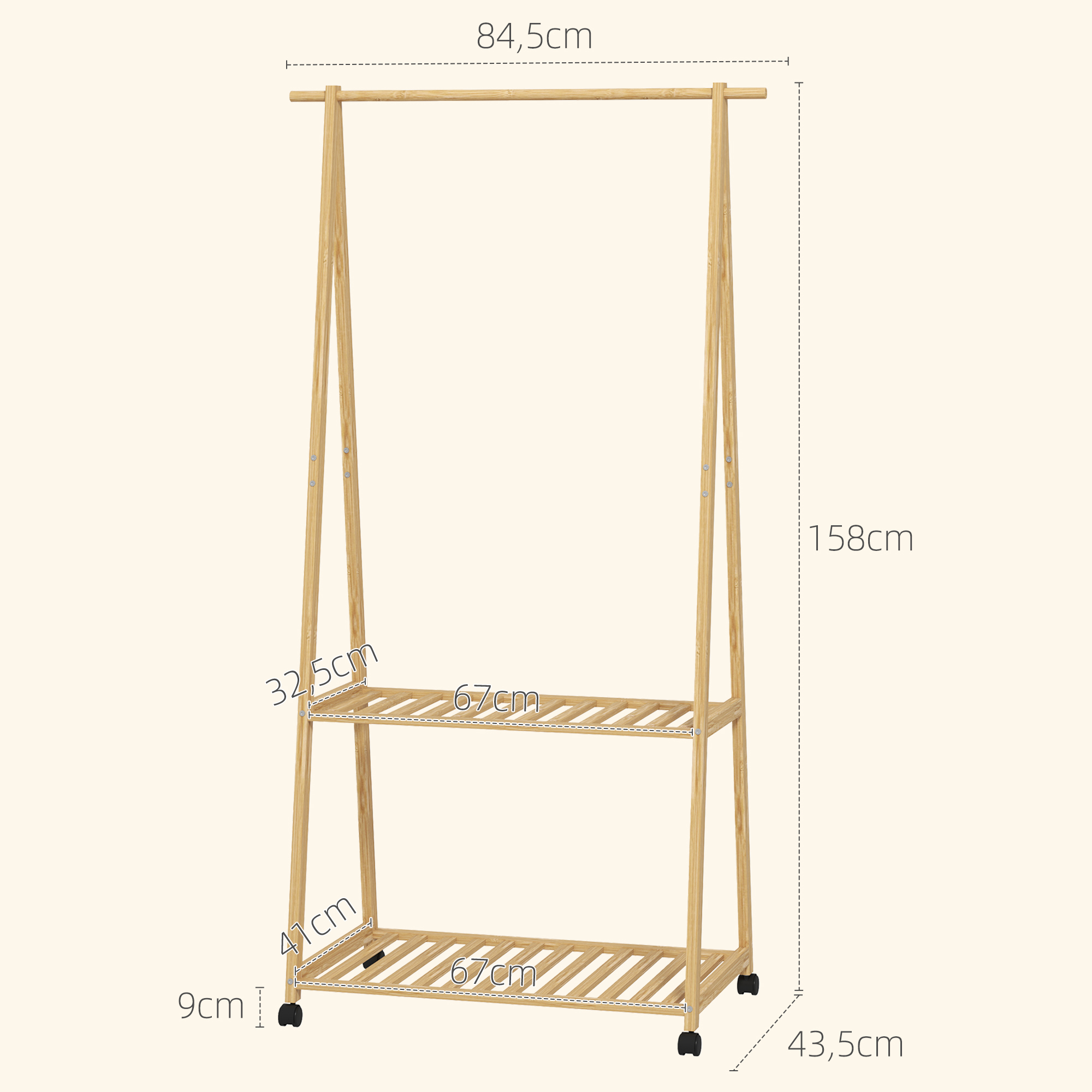 Kleiderständer, 2 untere Regale, 67 cm lange Kleiderstange, Bambusholz, Rollen
