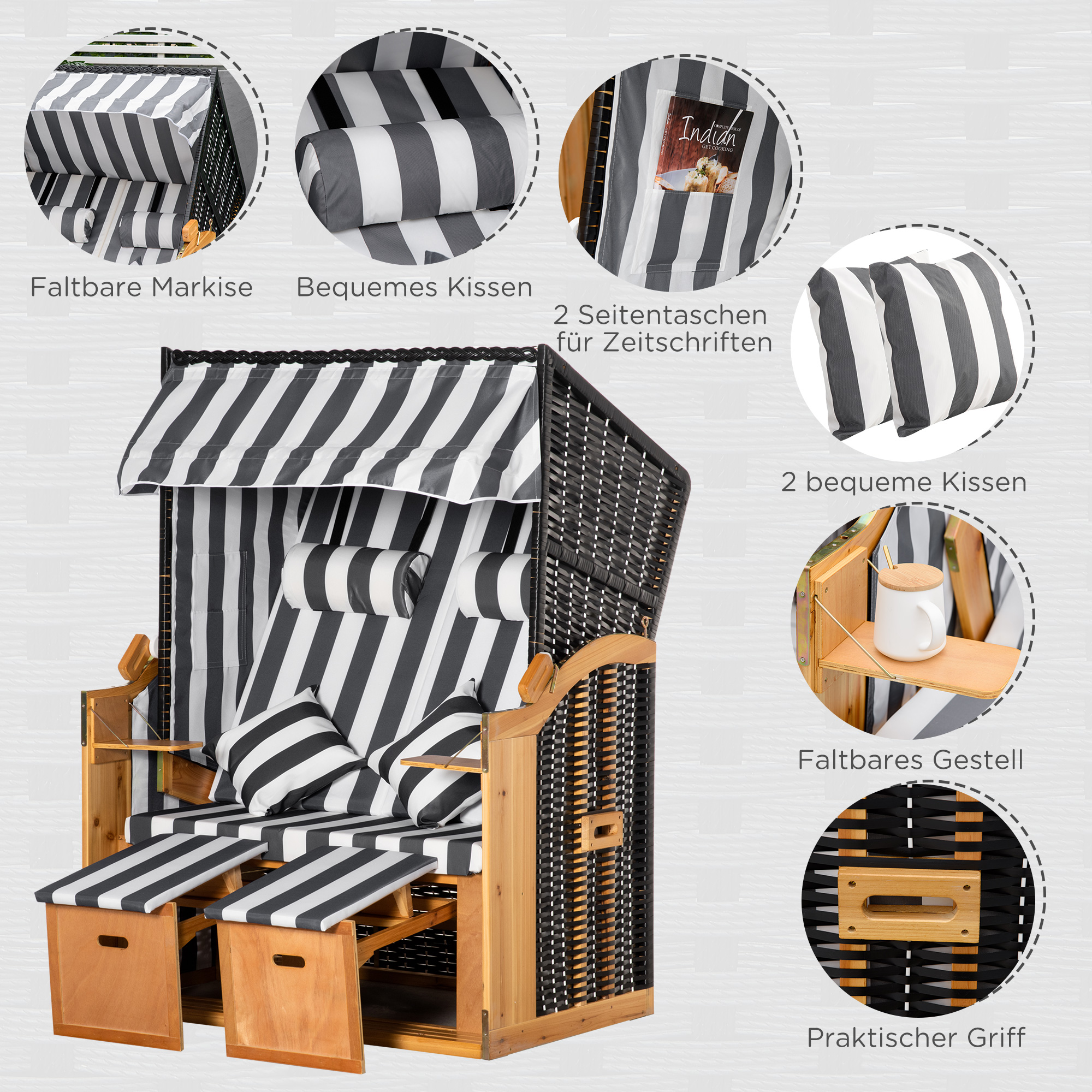 Strandkorb mit Fußstützen, Klapptisch und Nackenrollen, Outdoormöbel, Natur + Grau + Weiß