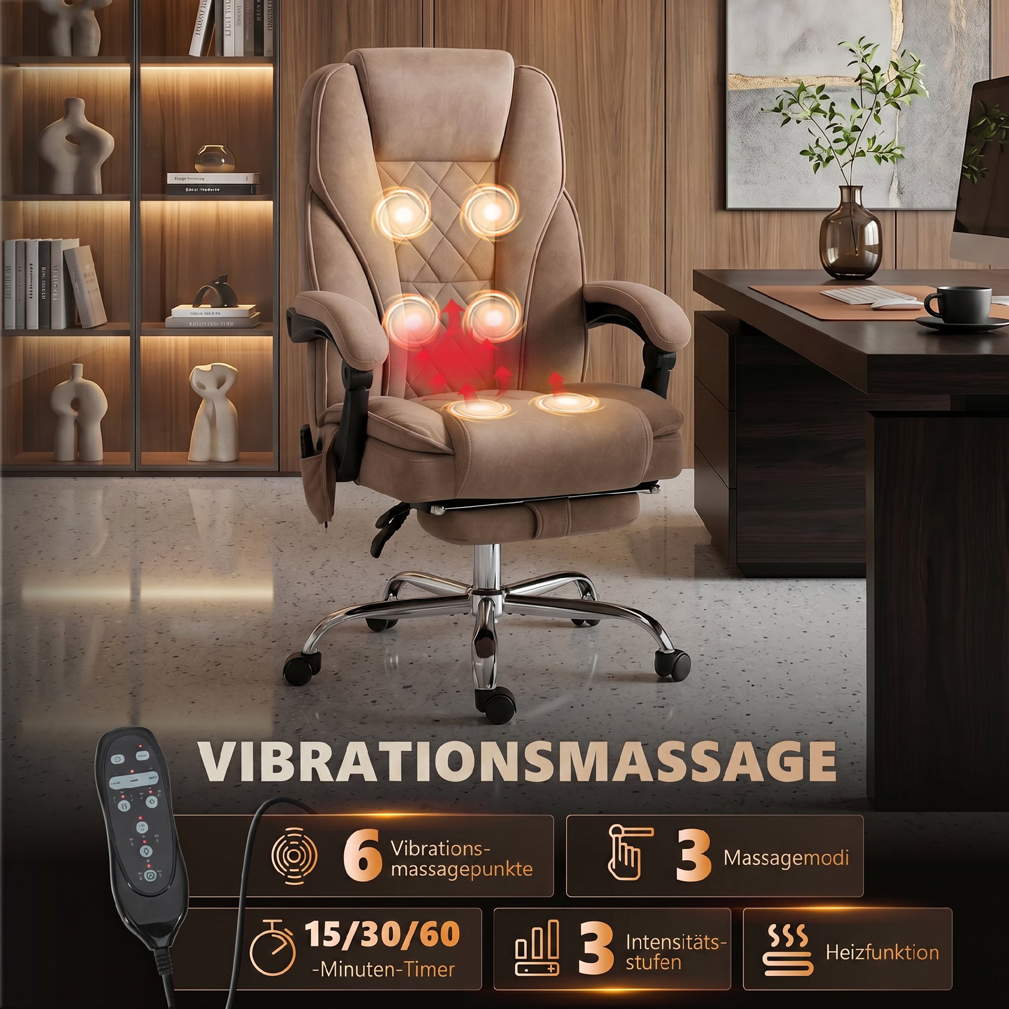 Ergonomischer Bürostuhl mit Massagefunktion, Fußstütze, drehbar, rollbar, Braun