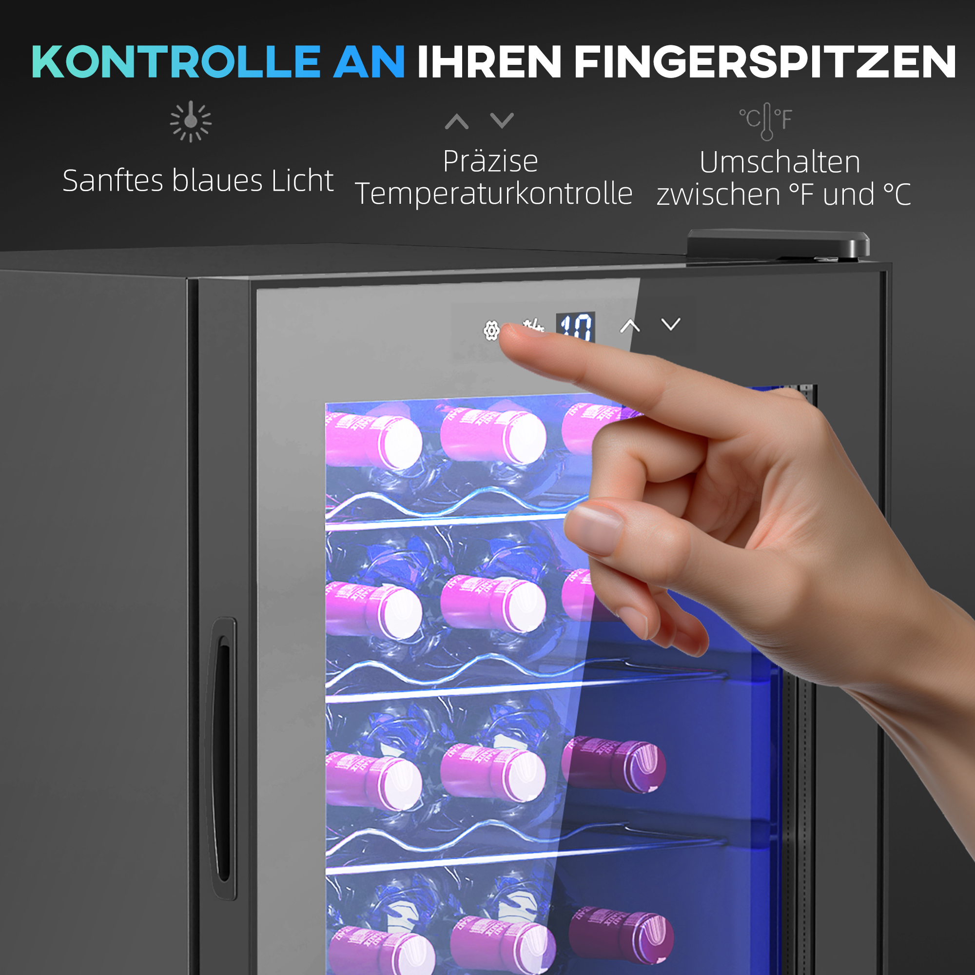Weinkühlschrank, Mini-Kühlschrank für 20 Flaschen, 53 Liter Kapazität, mit Glastür, LED-Beleuchtung, Schwarz