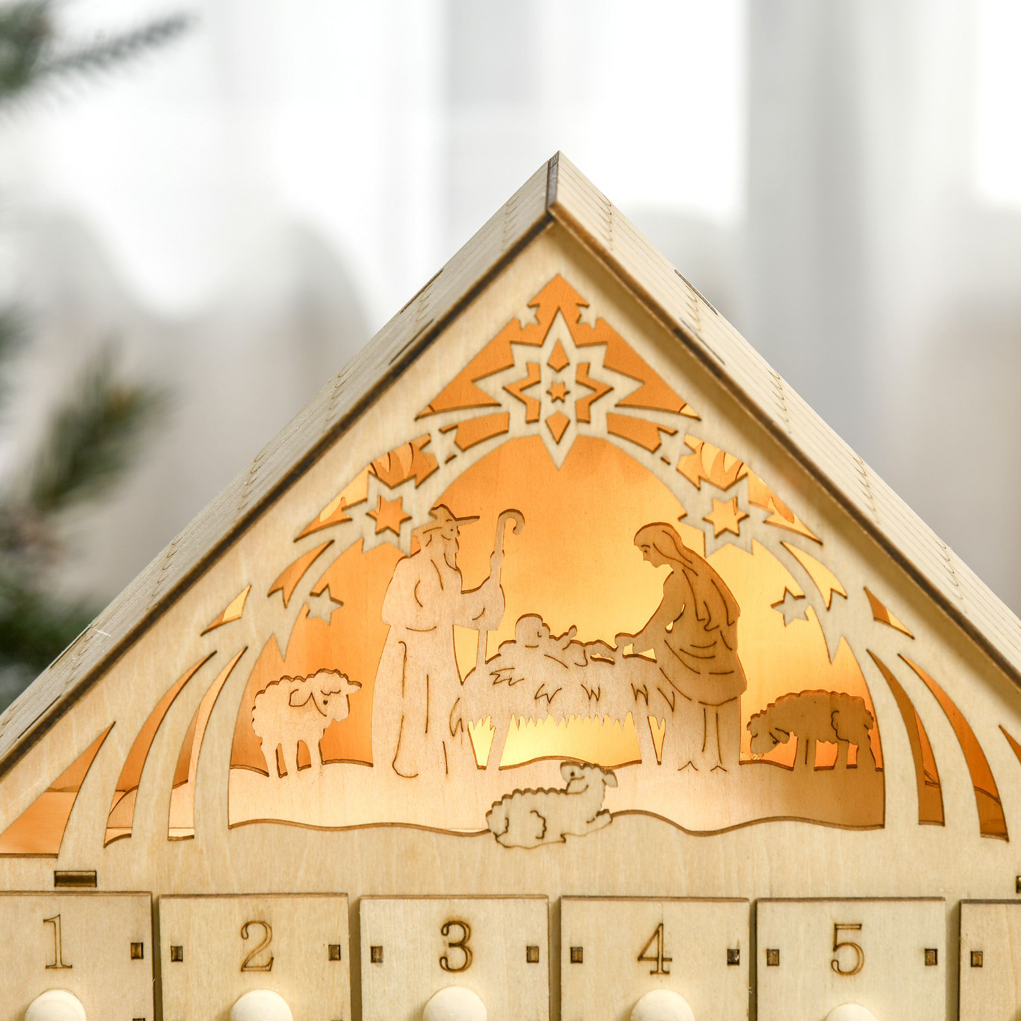 Adventskalender mit LED-Beleuchtung, 24 Schubladen, Krippenszene, 26,6x6x30 cm, Holzoptik