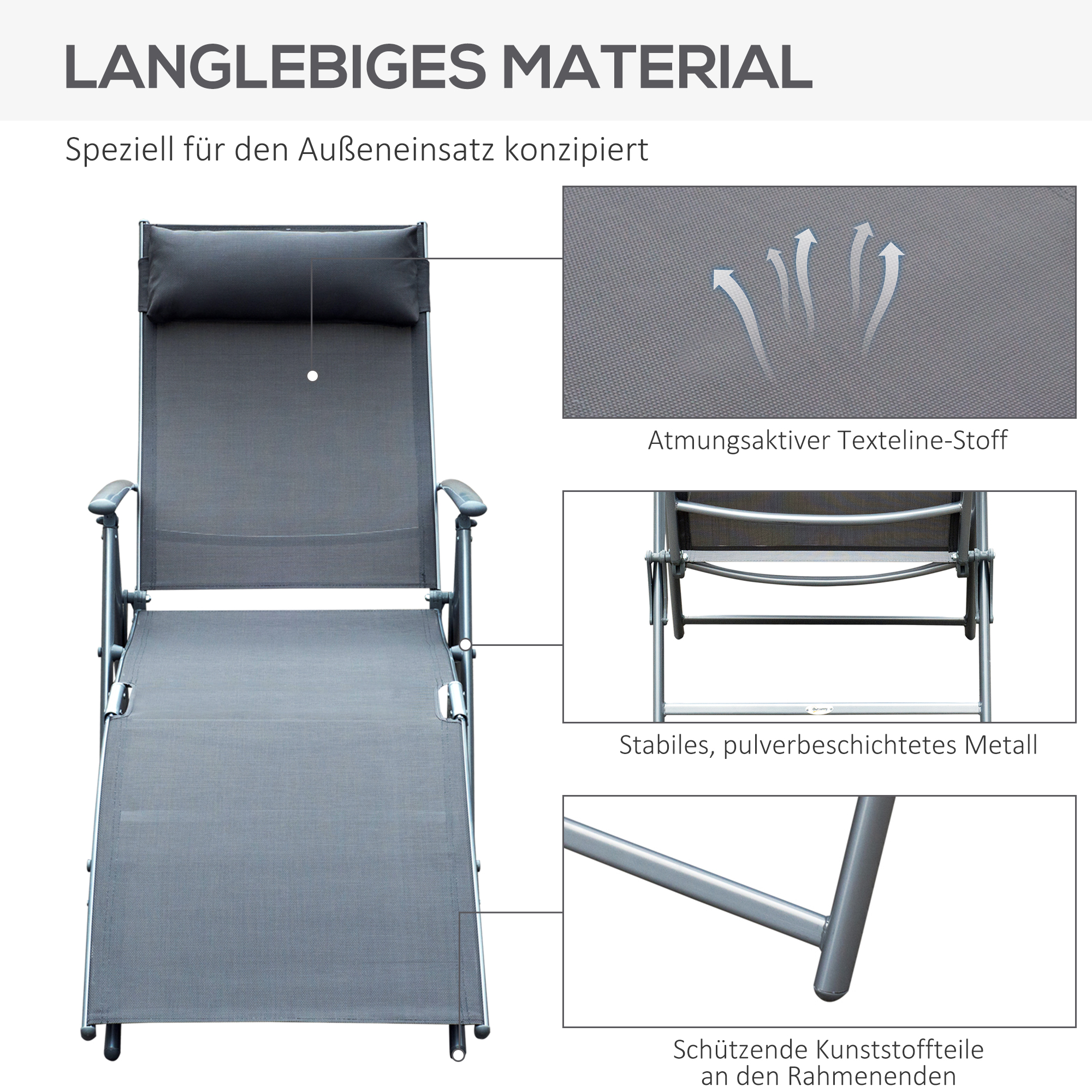 Sonnenliege klappbar Strandliege mit Kissen Liegestuhl mit 7-Fach verstellbare Rückenlehne Gartenliege Relaxliege Gartenstuhl bis 165 kg belastbar, für Garten Urlaub Outdoor Strand Pool, Grau